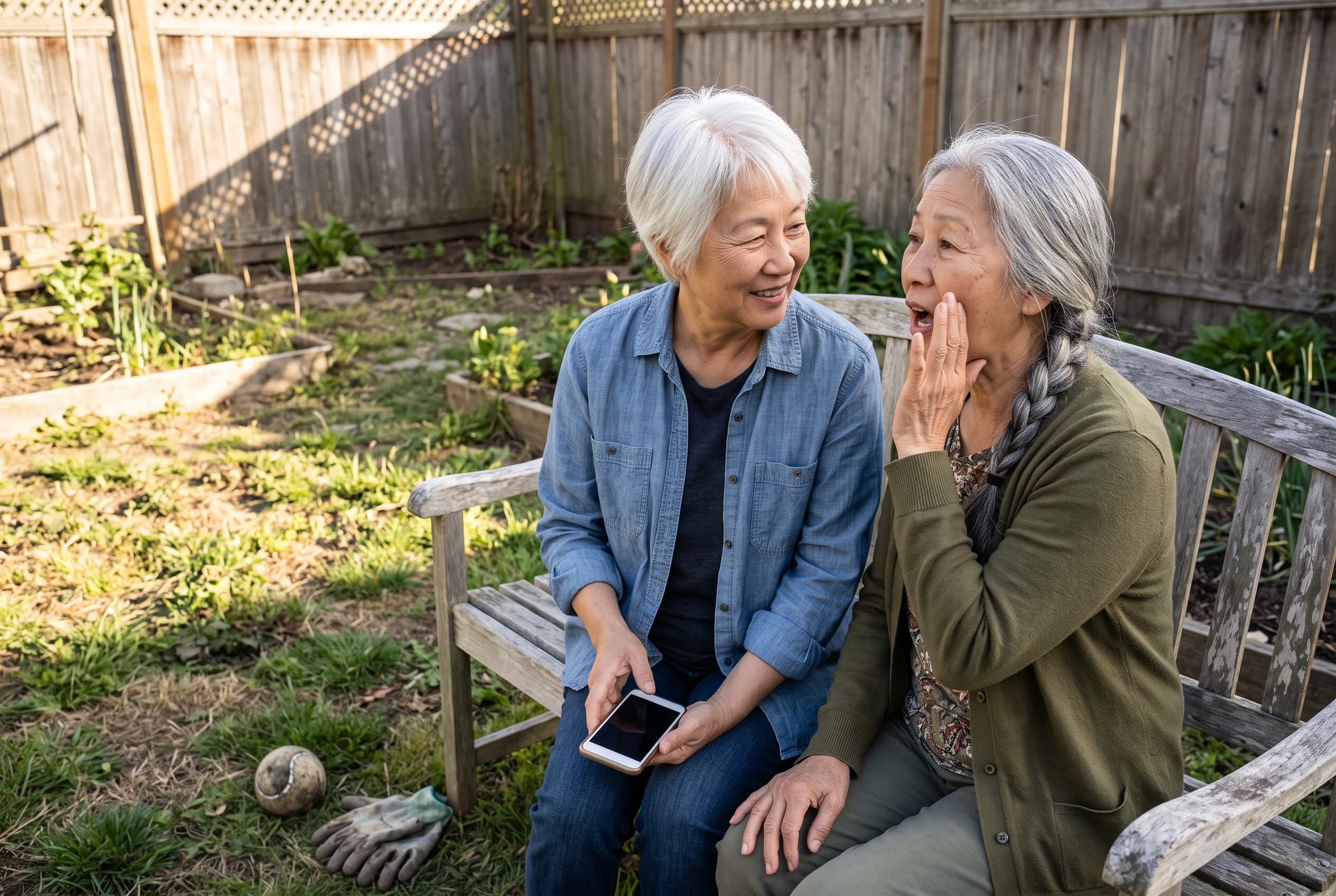 Two women in their sixties chat on a wooden garden bench, one holding a smartphone.