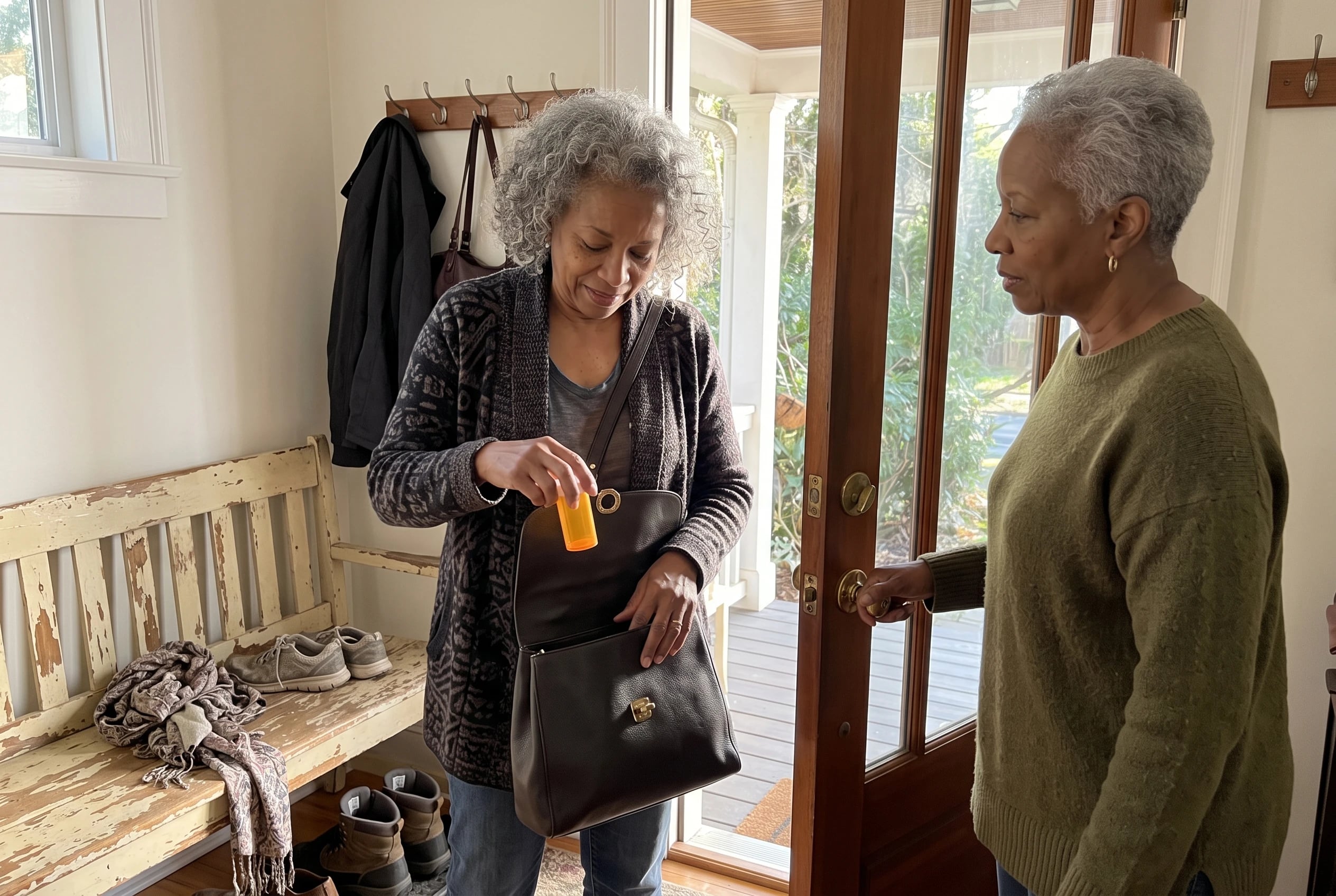 A woman in her sixties puts a medication bottle into her handbag.