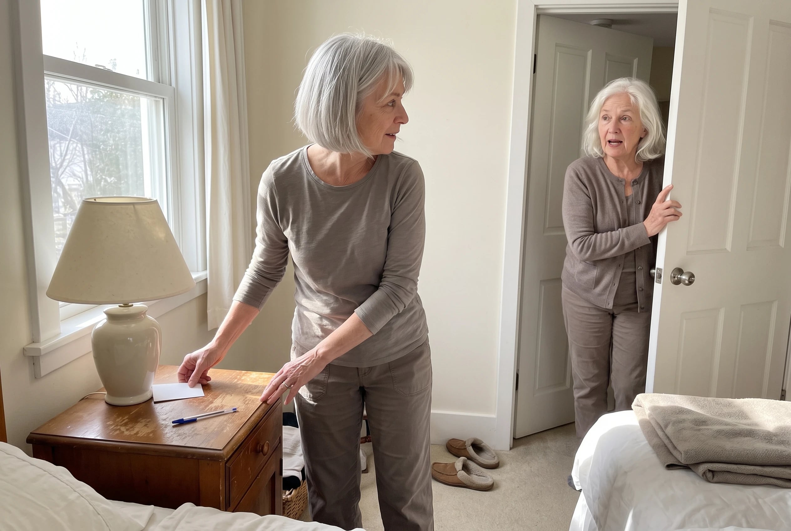 A woman in her sixties sets a note on a wooden nightstand near her bed.