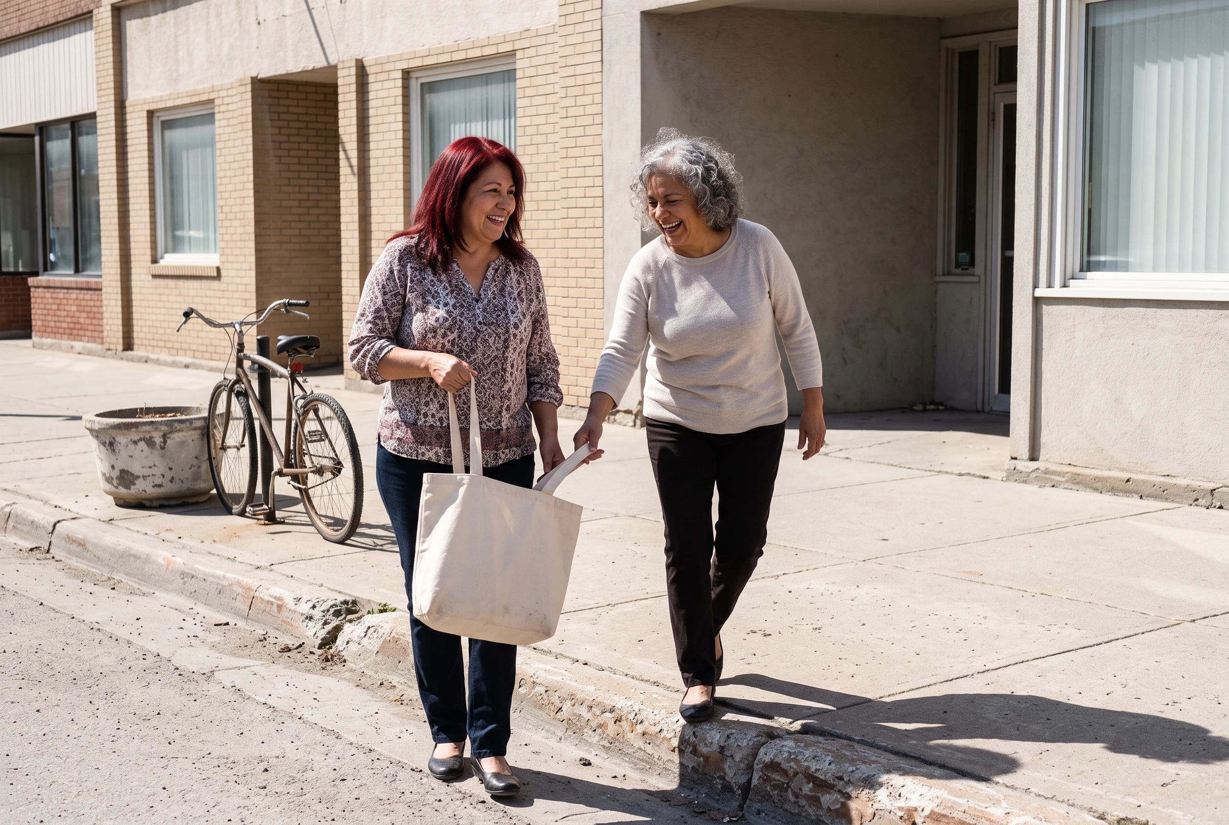 Two smiling women in their sixties walk along a sunny sidewalk carrying a tote bag.