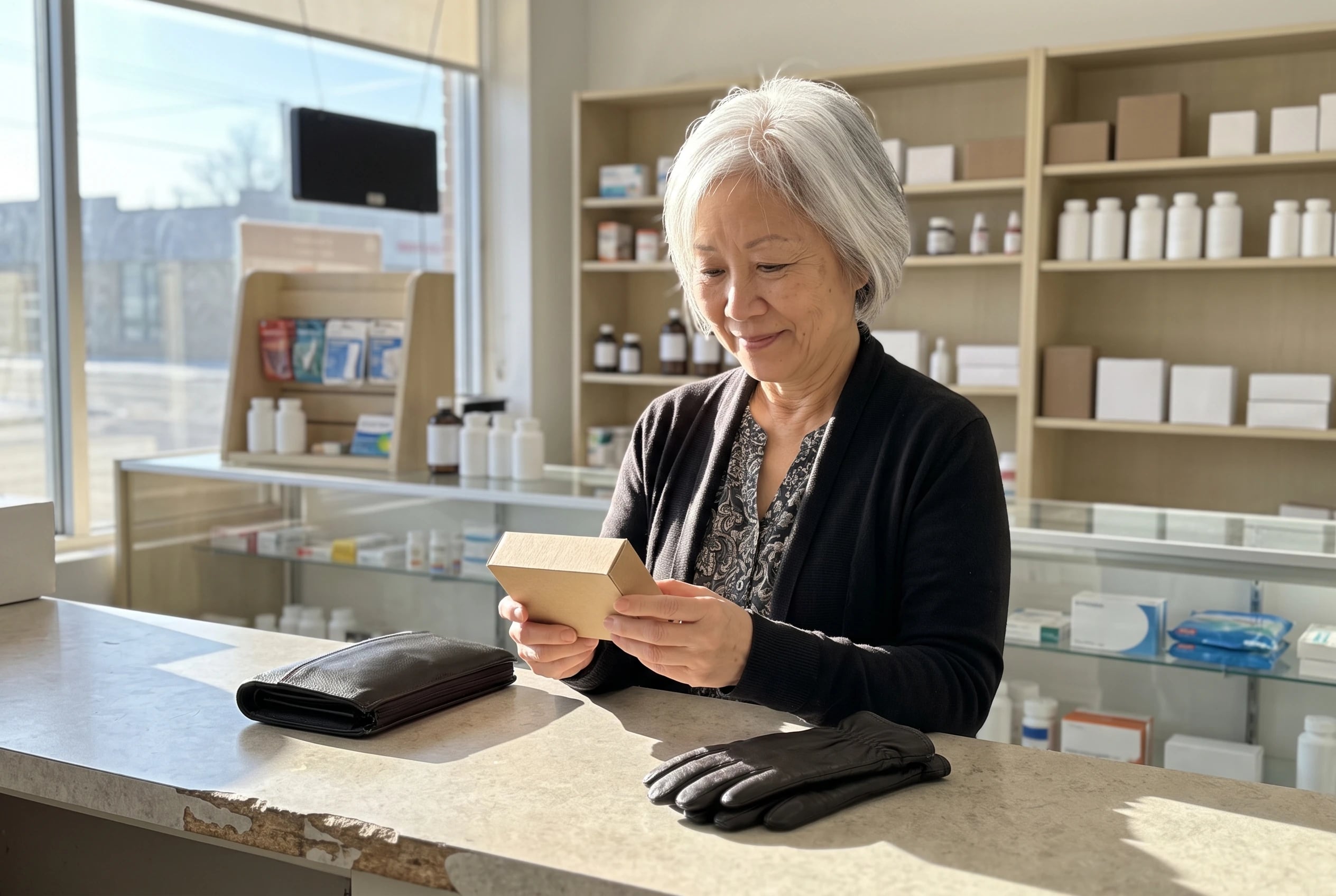A woman in her sixties inspects a small box at a drugstore counter.