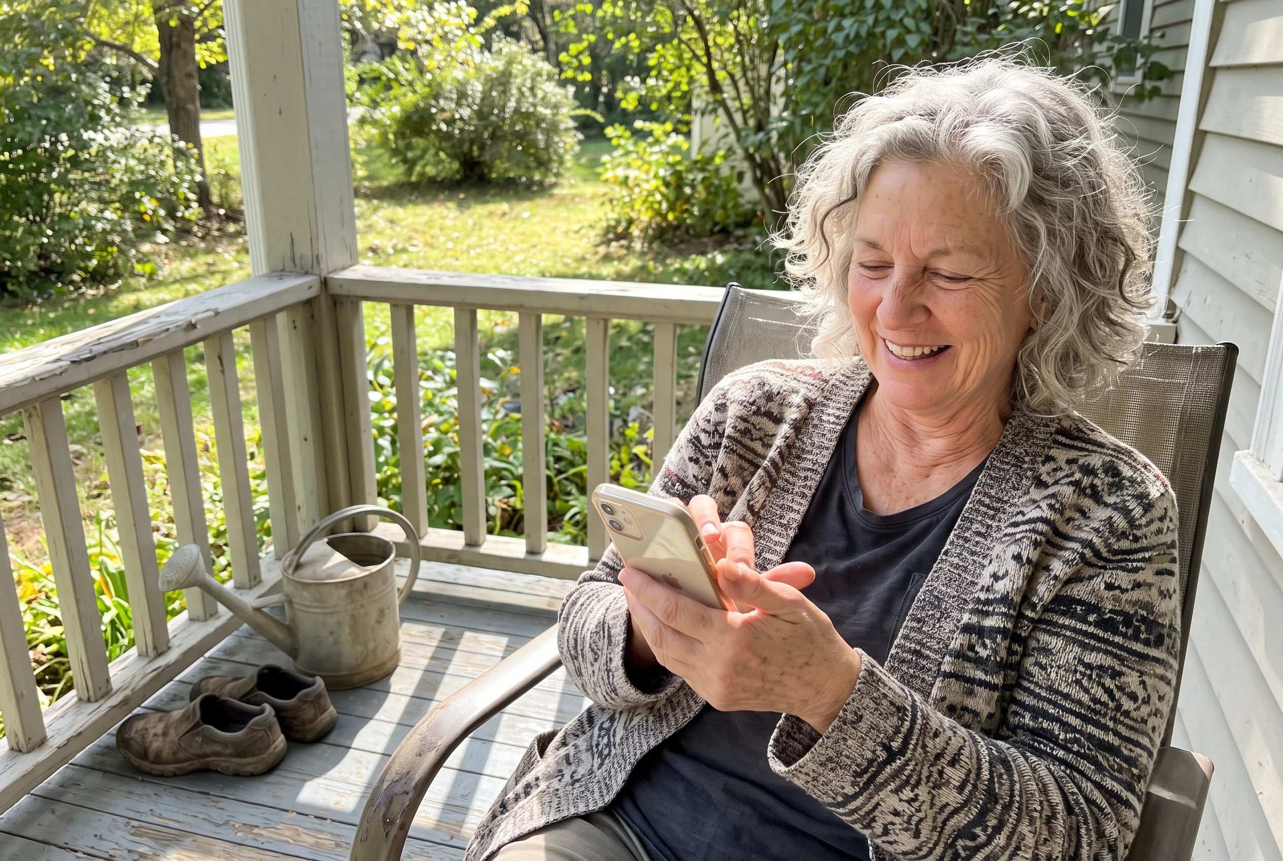 A smiling woman in her sixties looks at her smartphone while sitting on a porch.