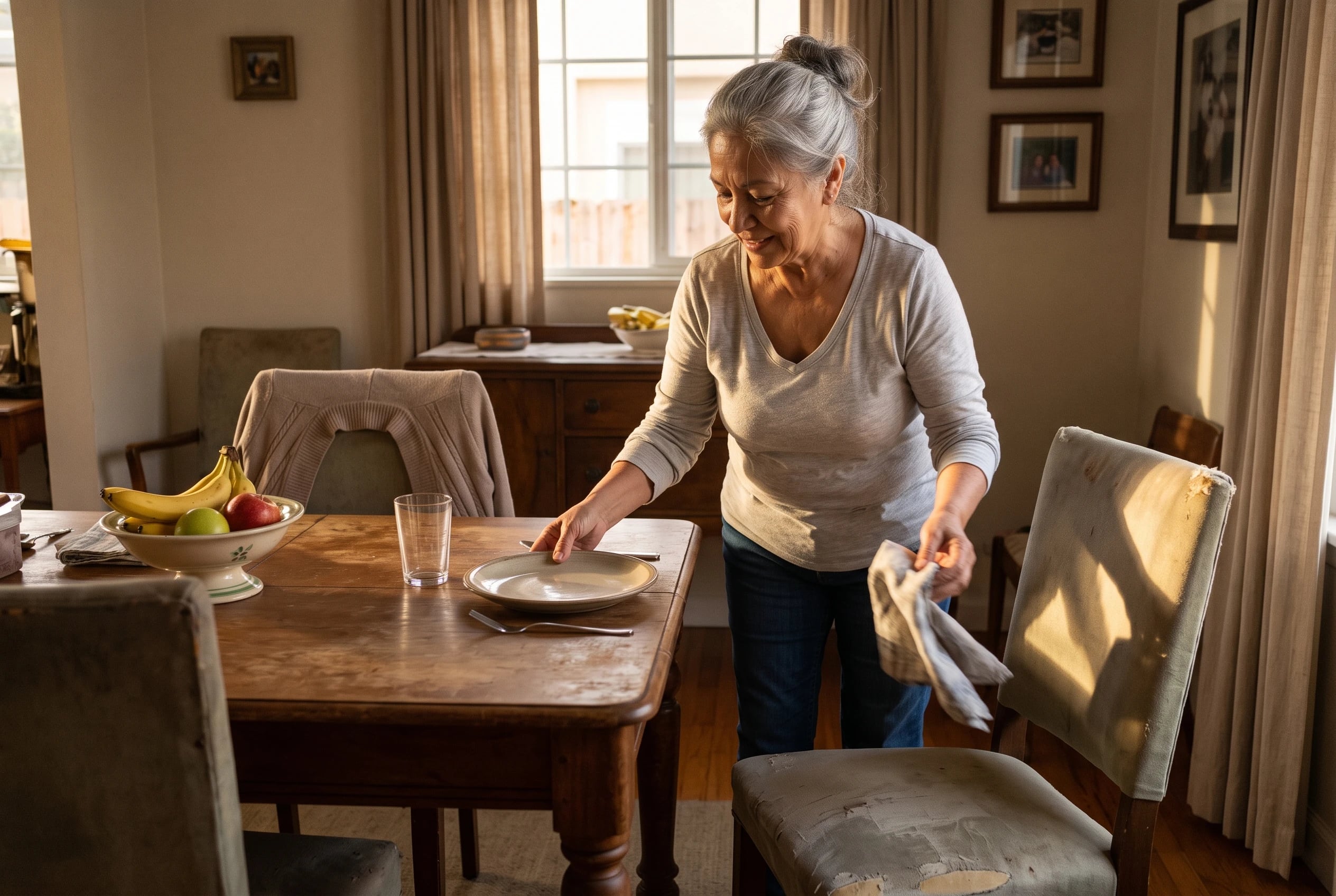 A smiling woman in her sixties places a plate on a wooden dining table.
