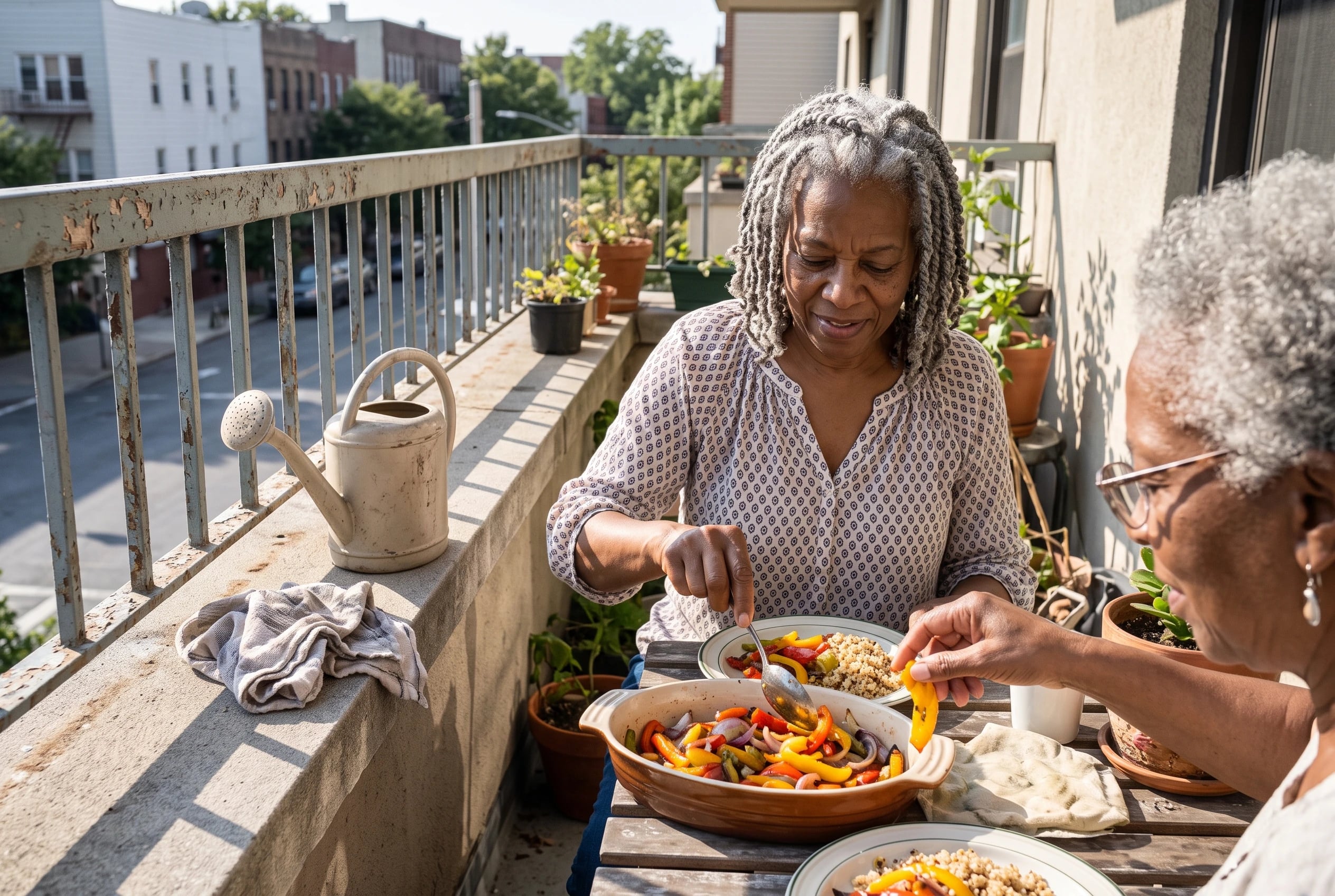 Older woman spooning roasted vegetables over quinoa on a balcony.