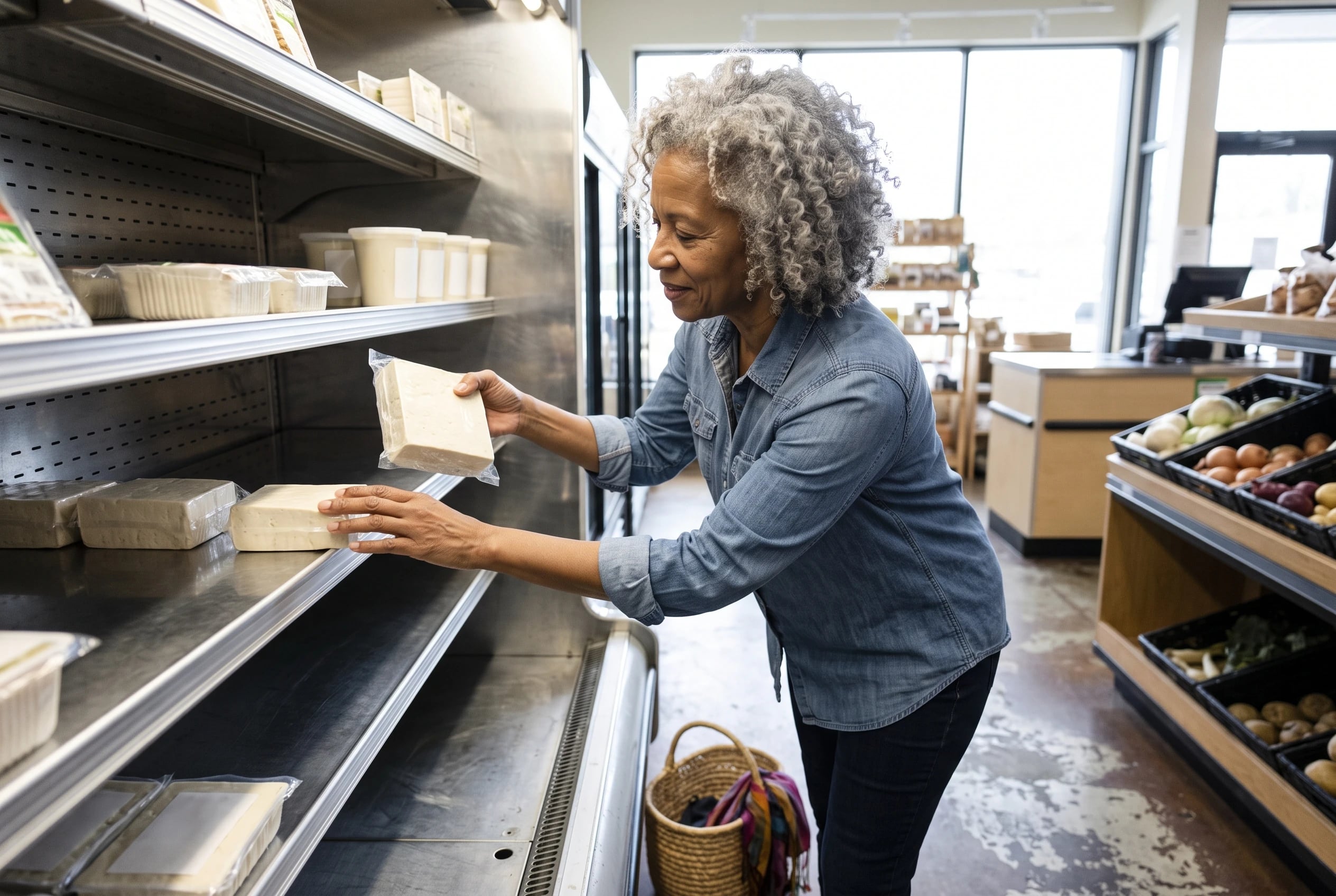 Woman in her sixties choosing extra-firm tofu from a grocery store cooler.