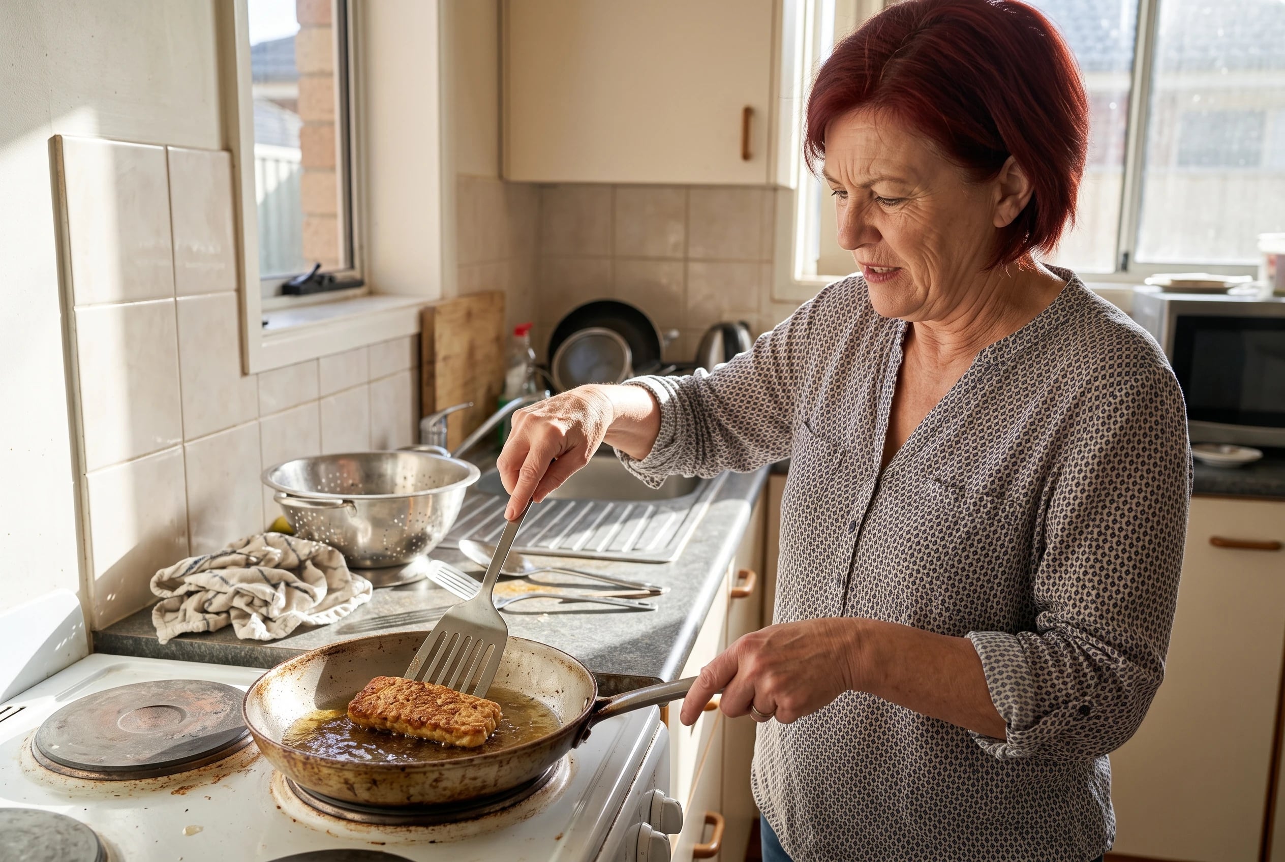 Older woman turning tempeh pieces in a skillet at a stove.