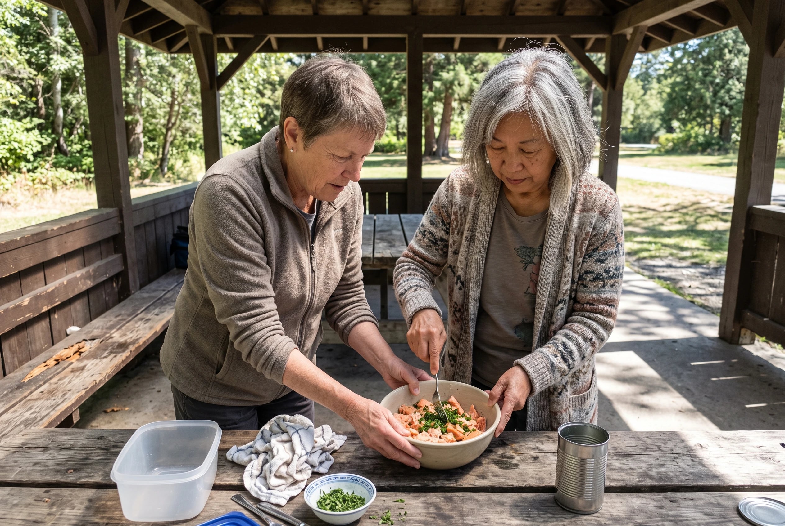 Woman in her sixties mixing canned salmon with herbs at a picnic shelter.