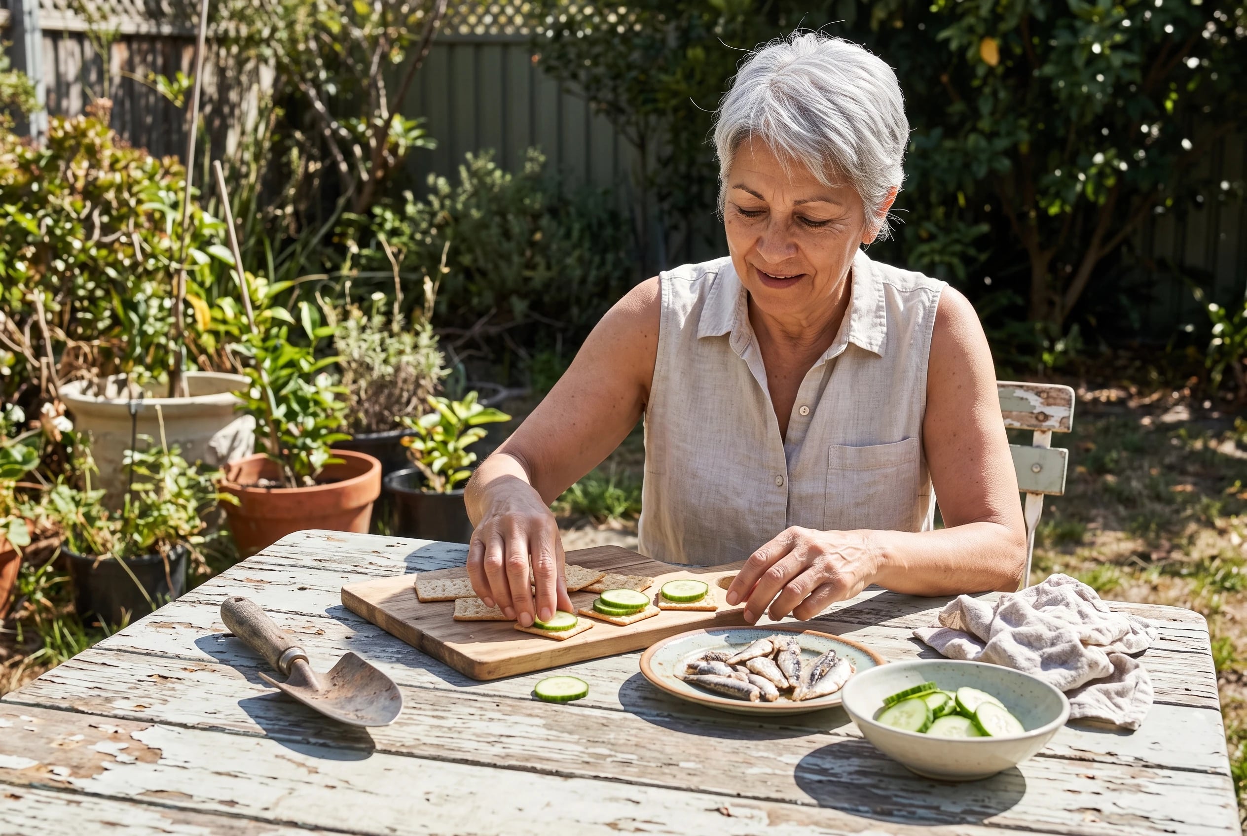 Older woman placing sardines and cucumber slices on crackers beside a garden bench.