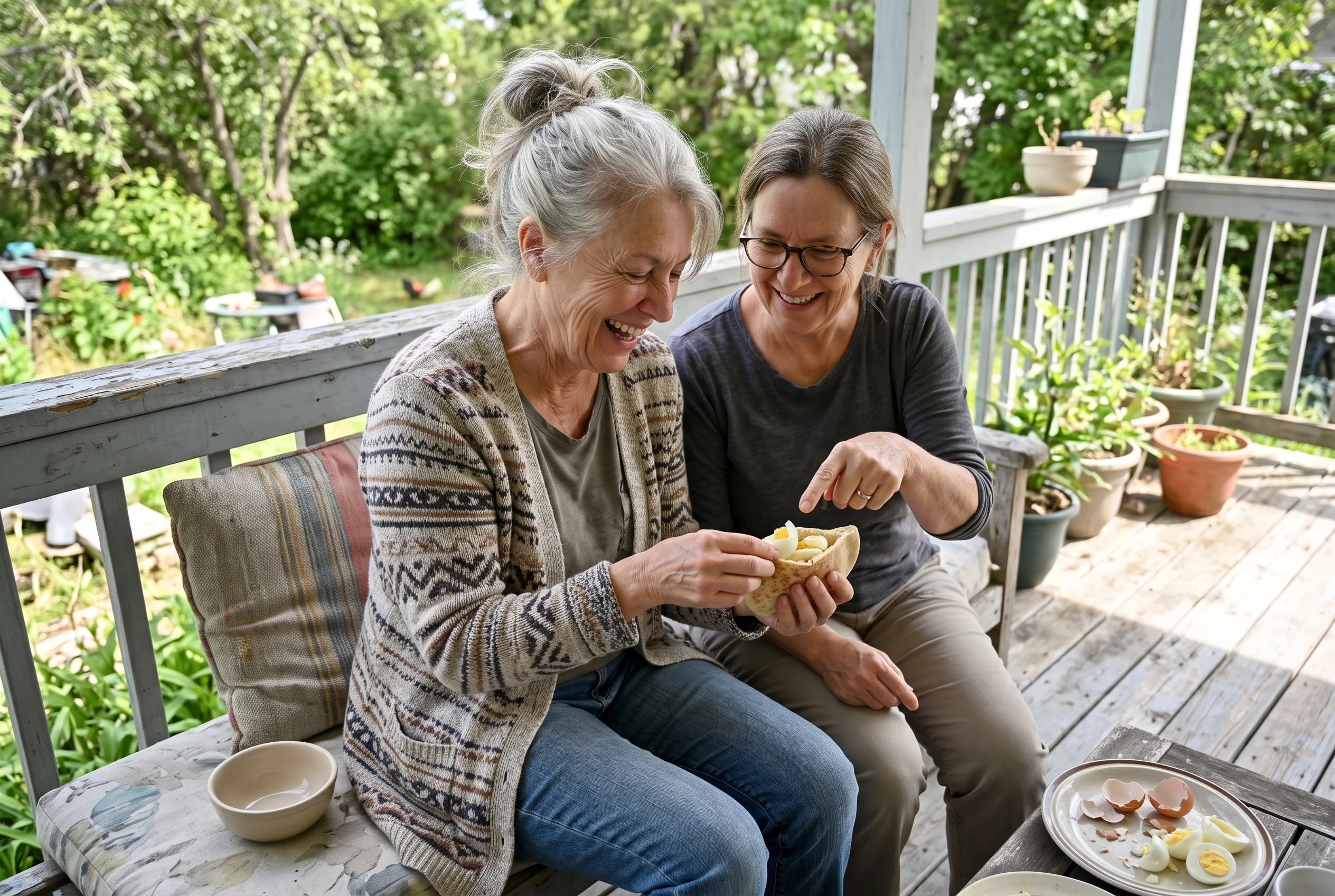 Woman in her sixties tucking hard-boiled eggs into a pita on a porch.