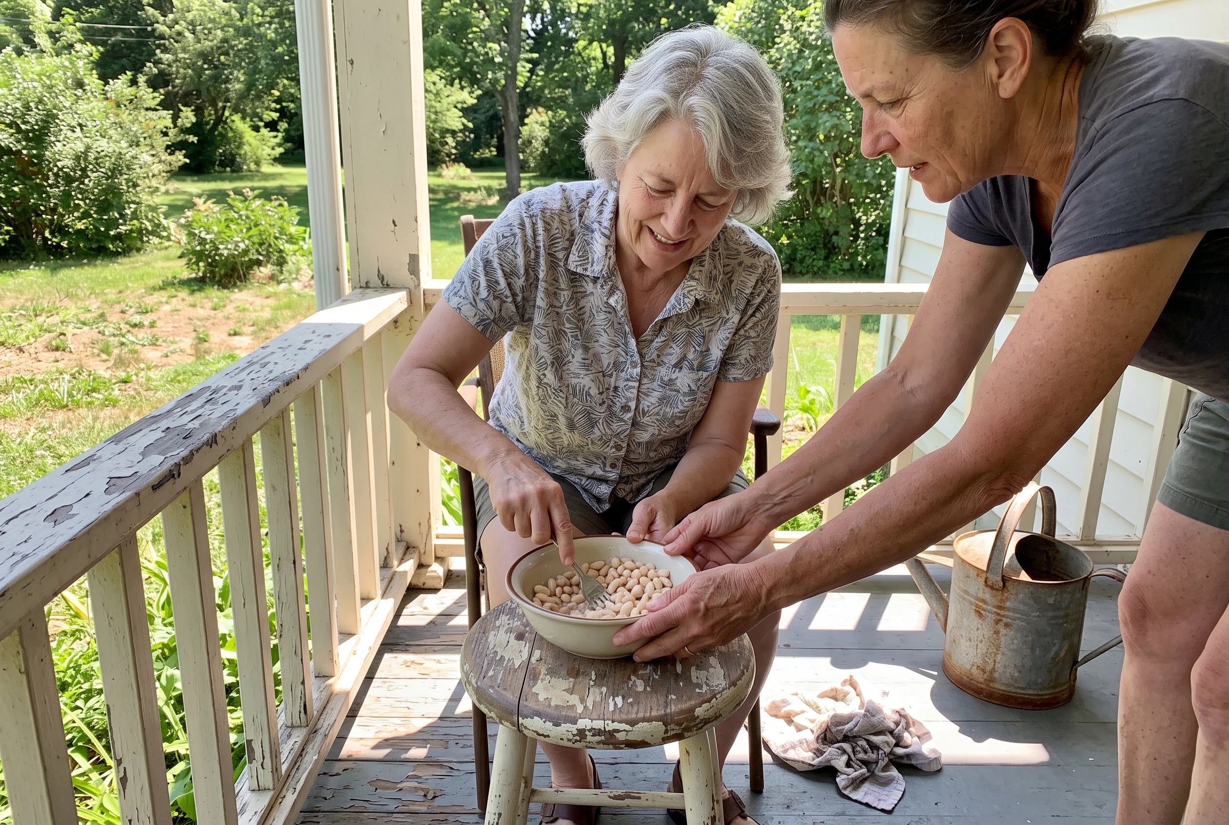 Woman in her sixties mashing white beans with a fork on a porch.