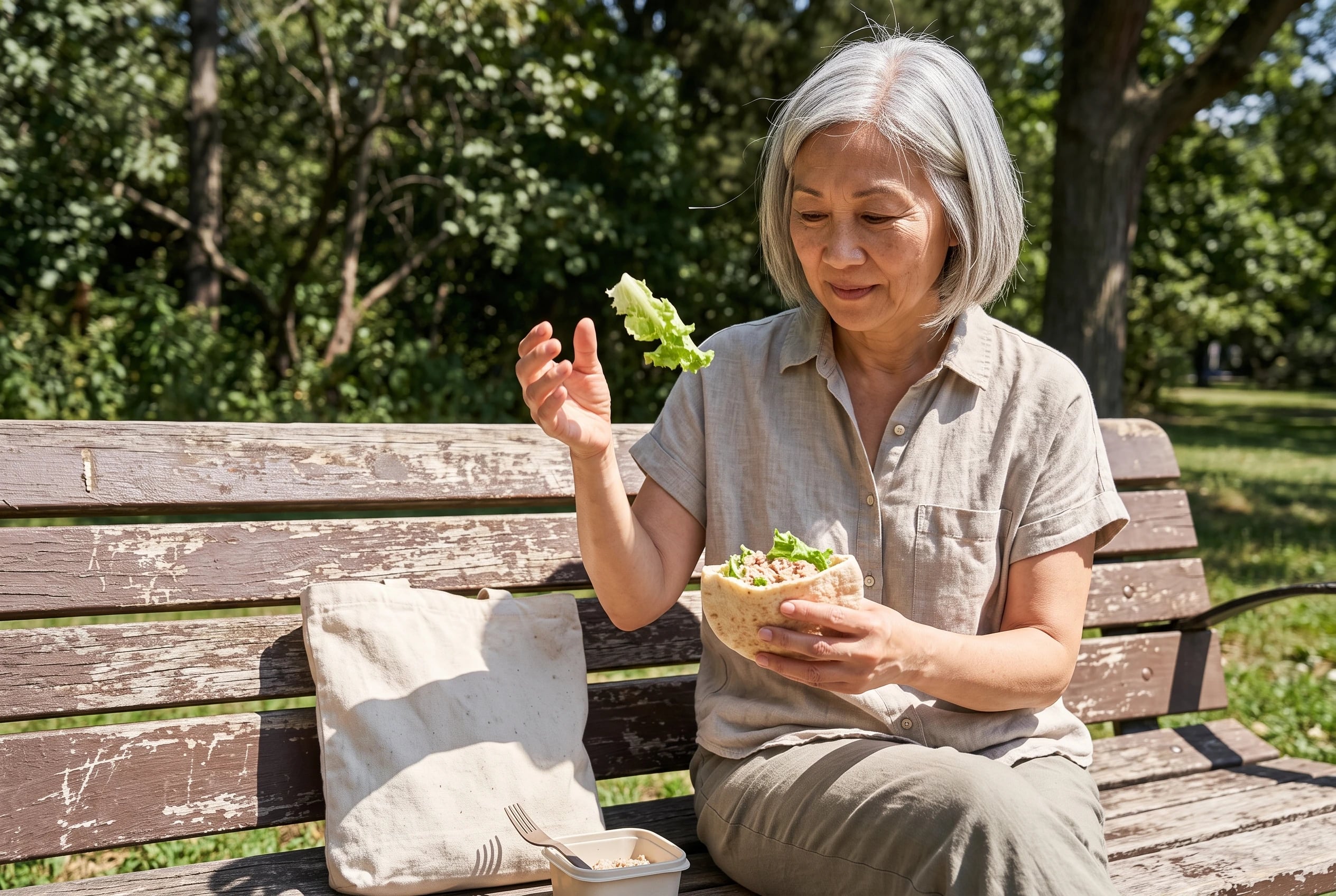 Older woman filling a pita with tuna and lettuce on a park bench.