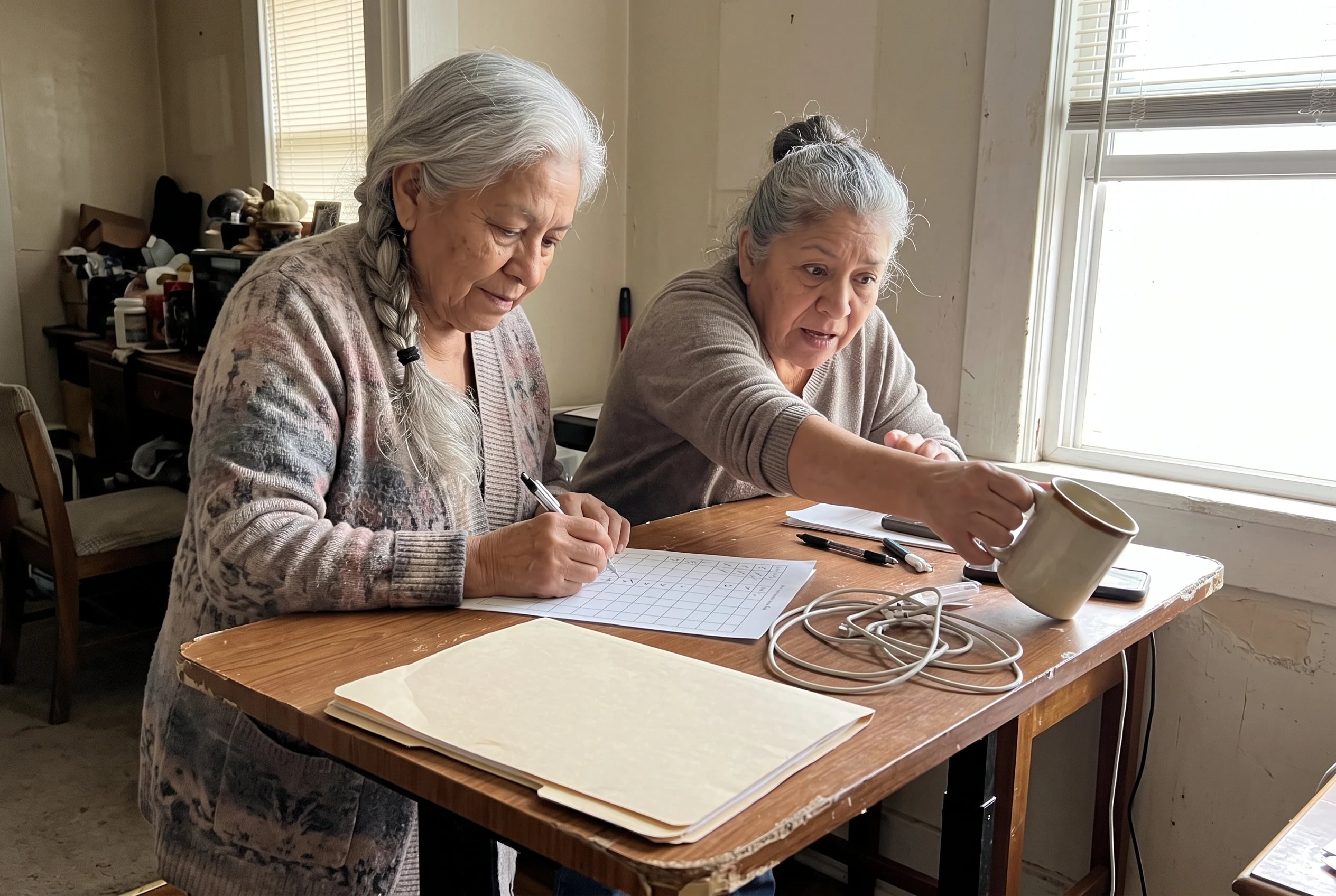 Older woman at a standing desk writing monthly amounts into a budget worksheet.
