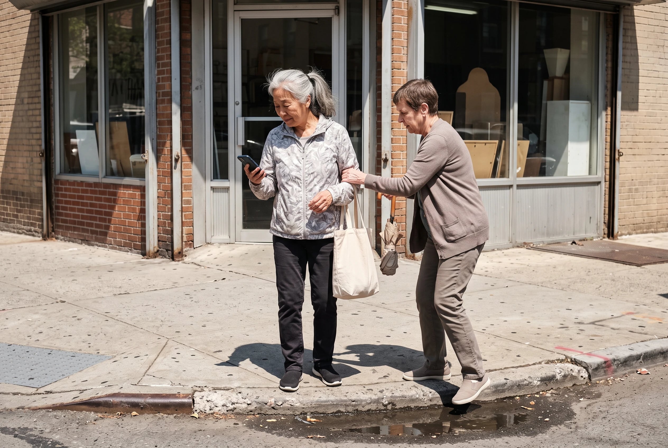 Older woman on a sidewalk checking her daily spending total on her phone.