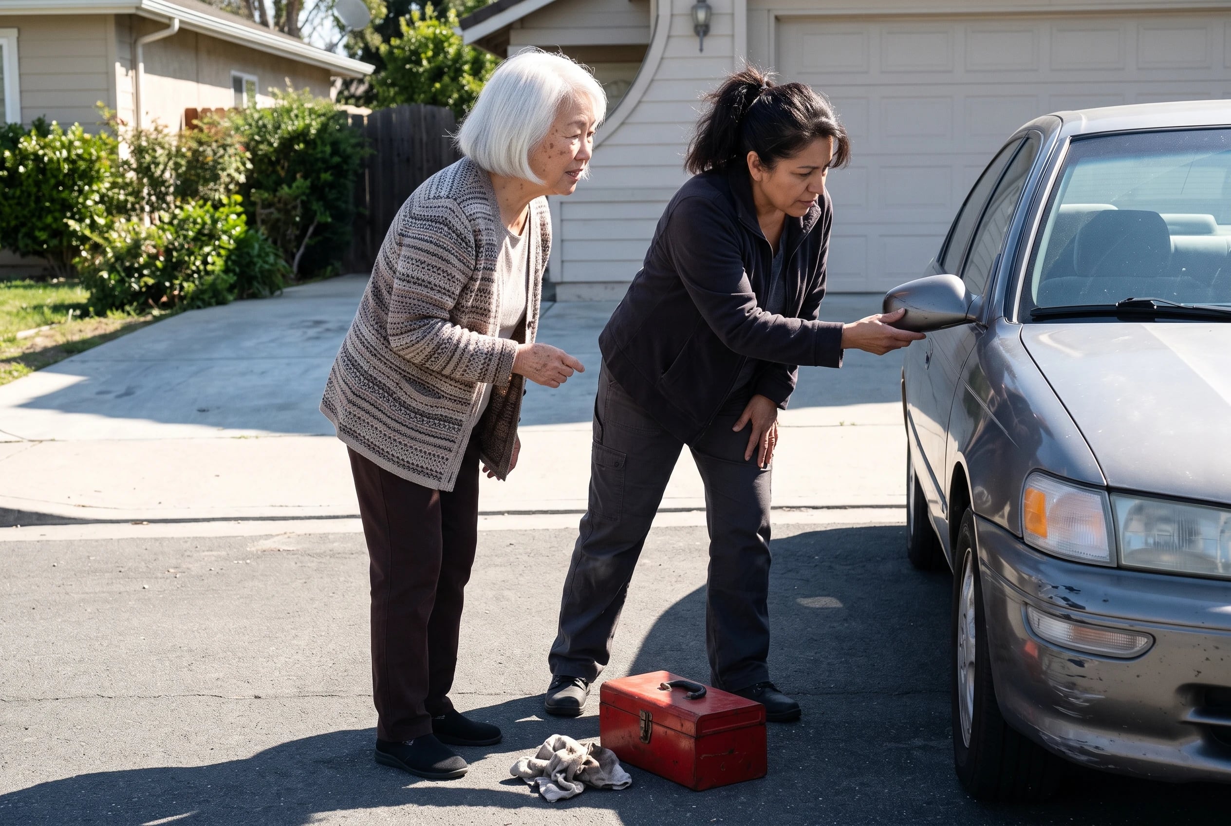Older woman in her driveway speaking with a mechanic beside her car.