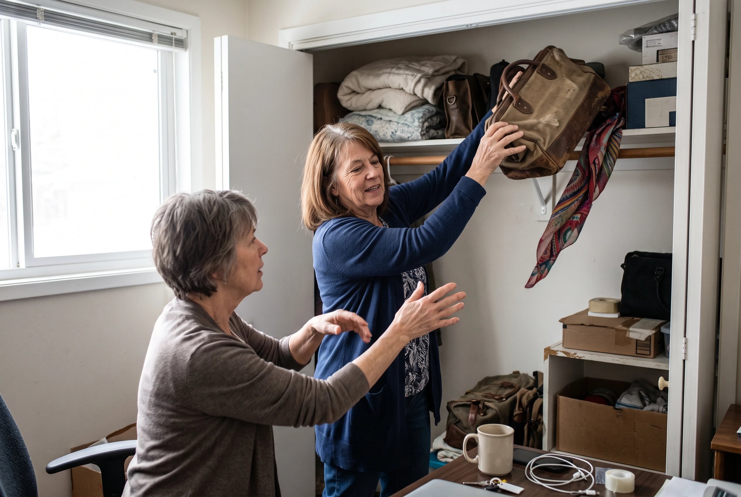 Older woman in a home office putting an old work bag onto a closet shelf.