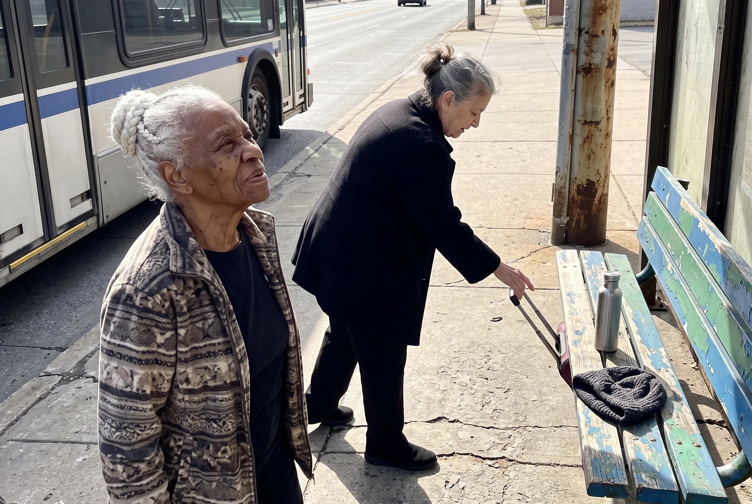 Older woman at a bus stop looking up at the arriving bus.