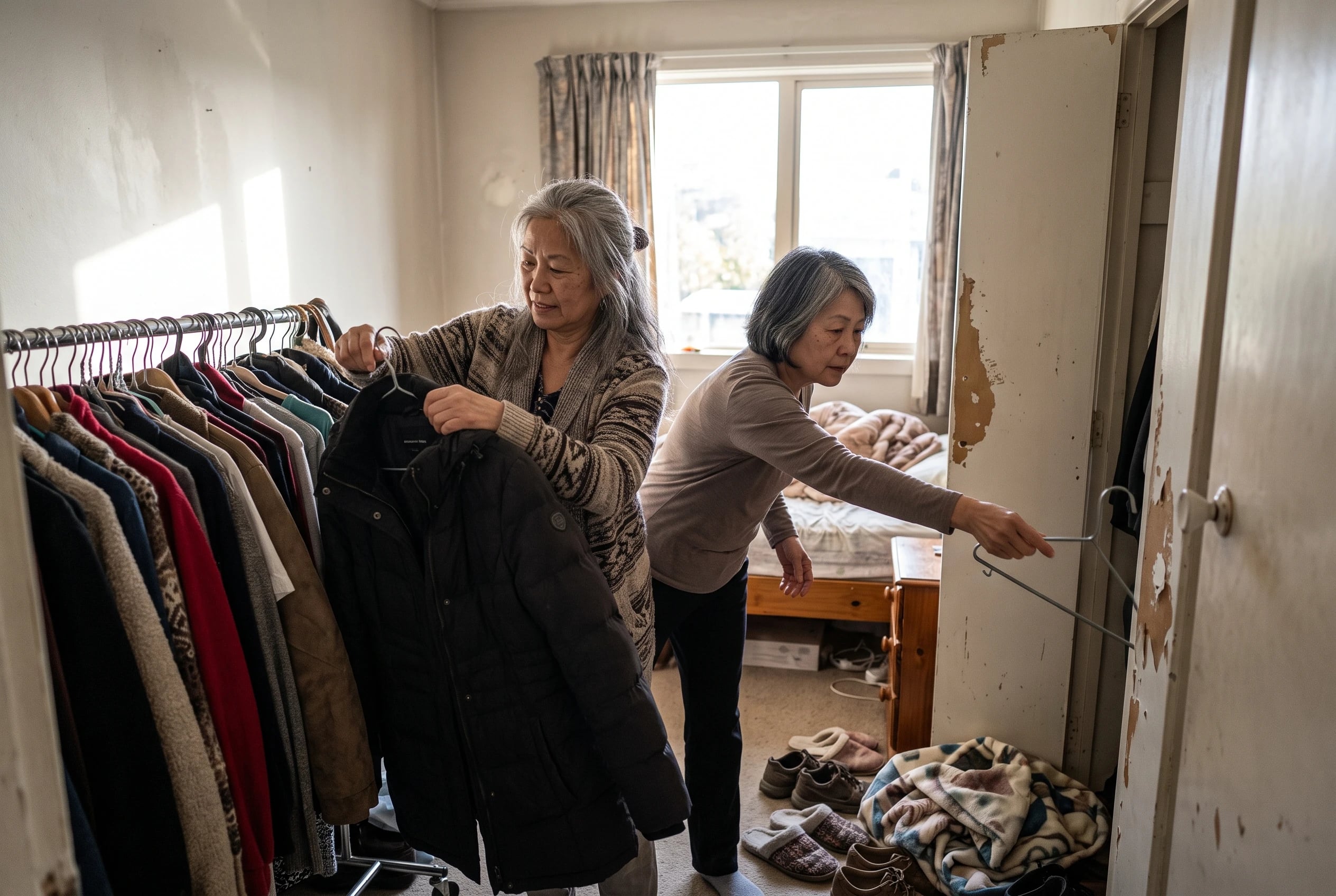 Older woman in a bedroom hanging a new coat beside her other clothes.