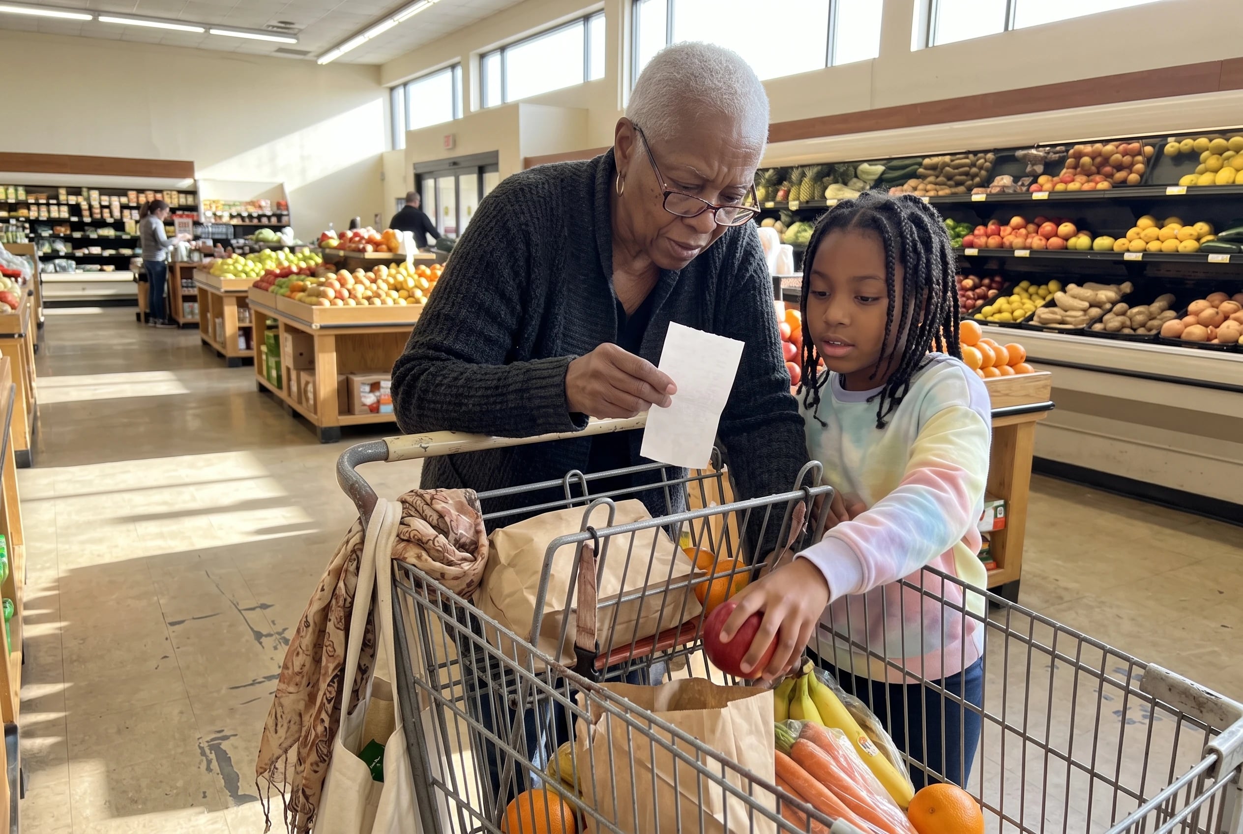 Older woman in a grocery store aisle comparing a receipt with items in her cart.