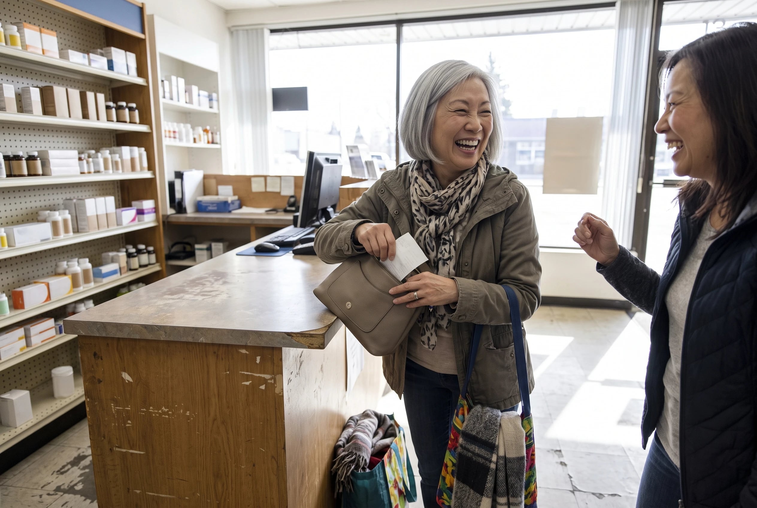 Older woman at a pharmacy counter placing a receipt in her purse.