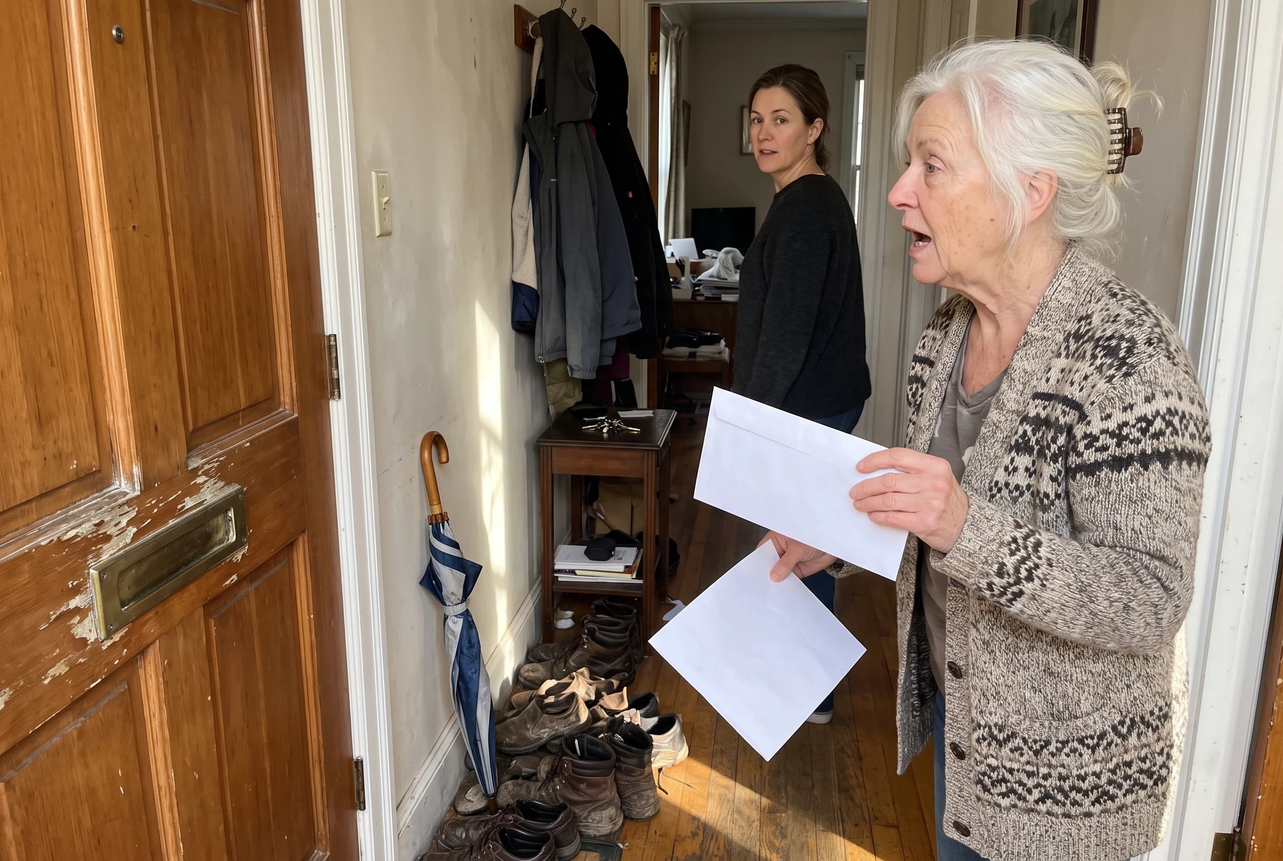 Older woman standing in a hallway and reading a housing bill beside the mail slot.