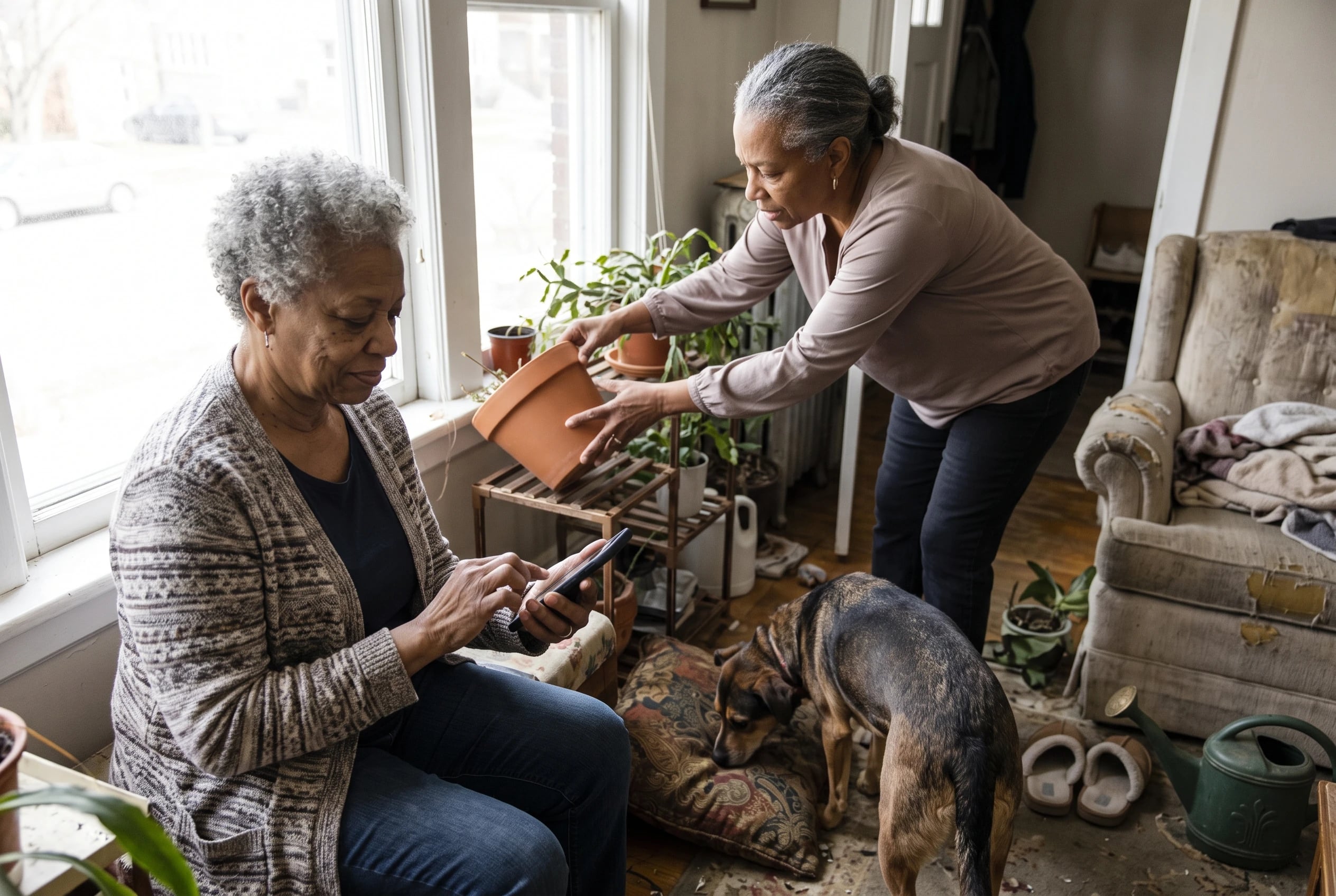Older woman standing beside a living room window and checking a monthly total on her phone.