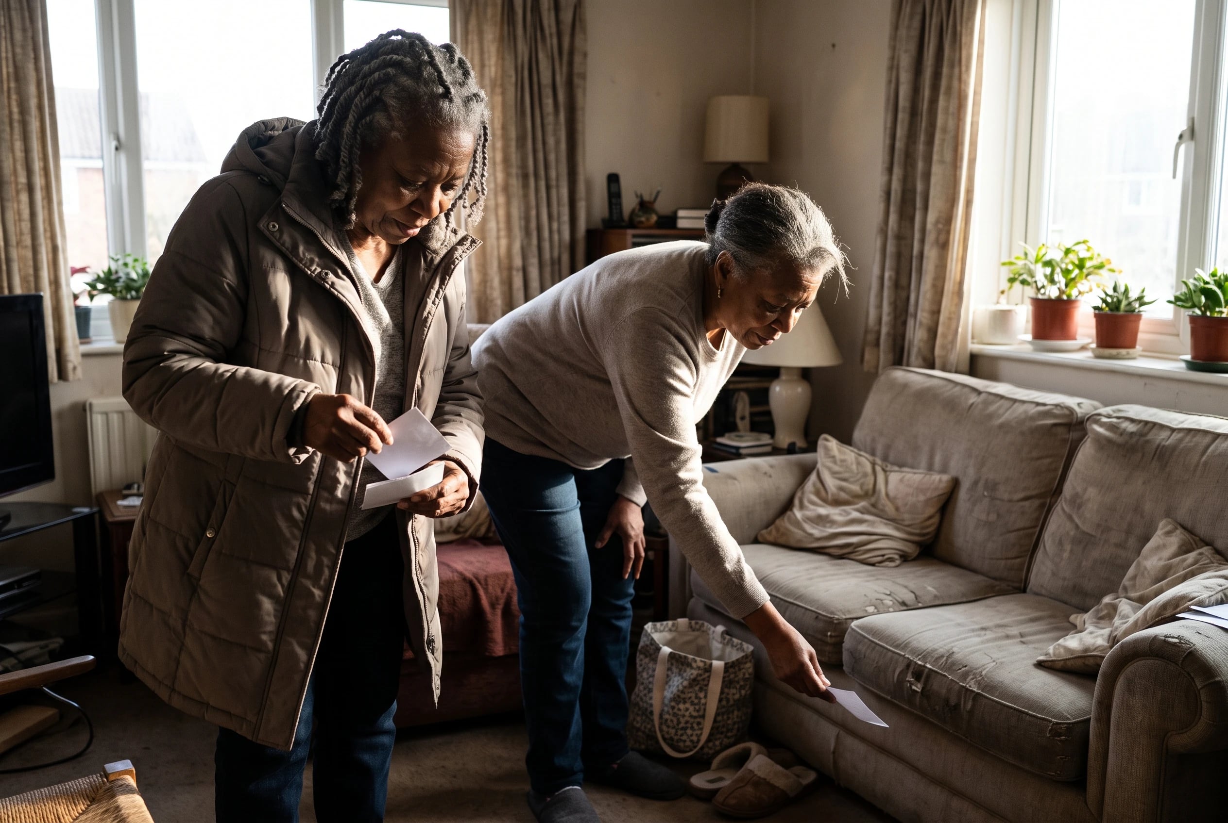 Older woman in a living room counting grocery receipts from her coat pocket.