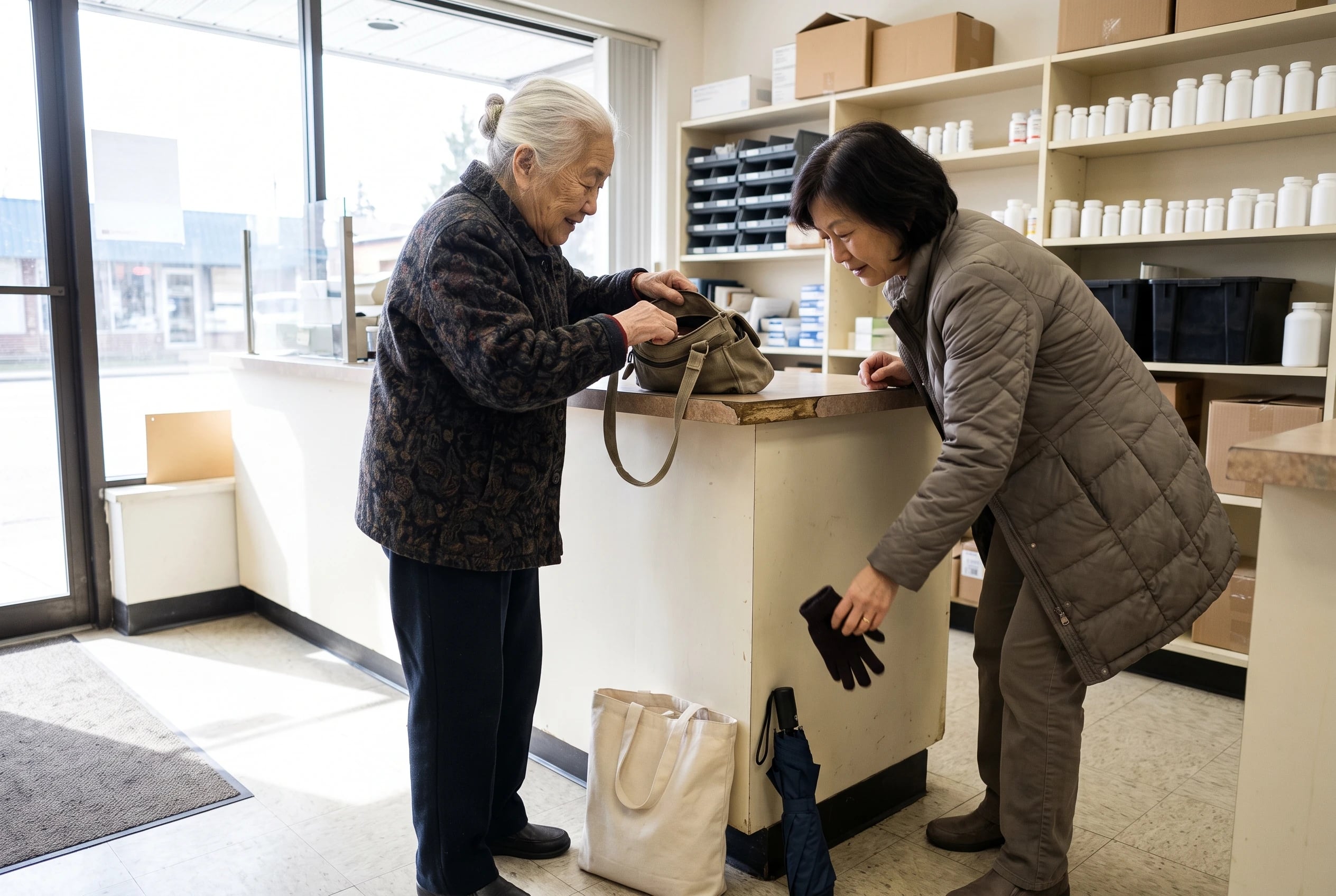 Older woman at a pharmacy counter paying for a prescription.
