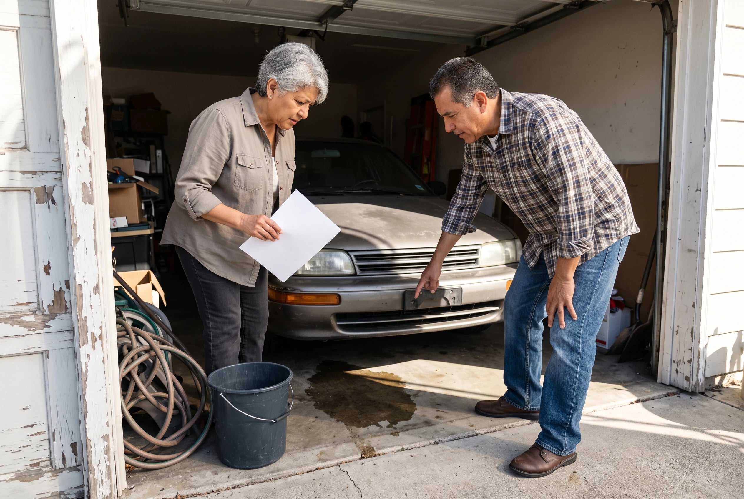 Older woman in a garage looking between her car and a housing bill in her hand.