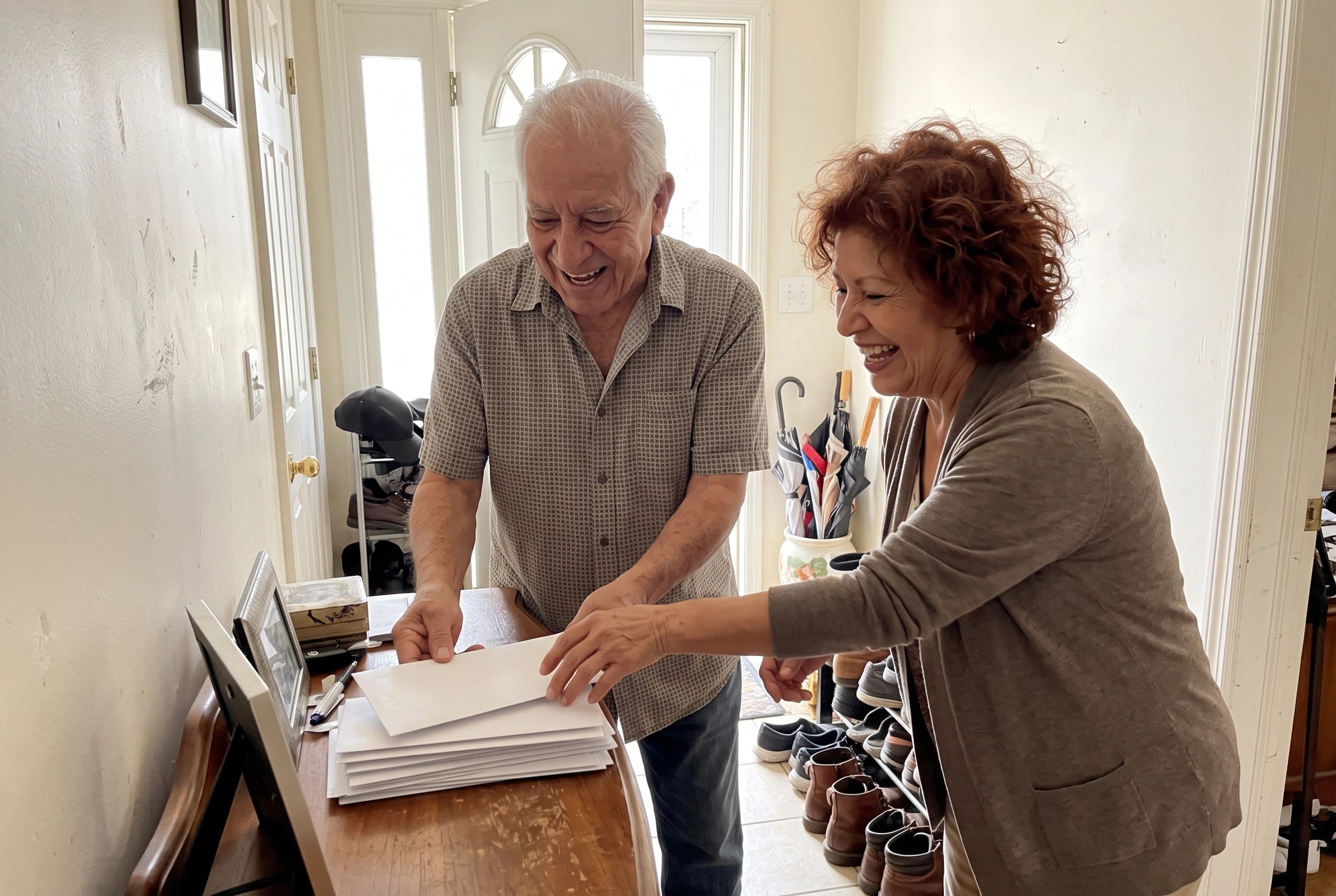 Older couple standing in a hallway beside a stack of mailed bills.