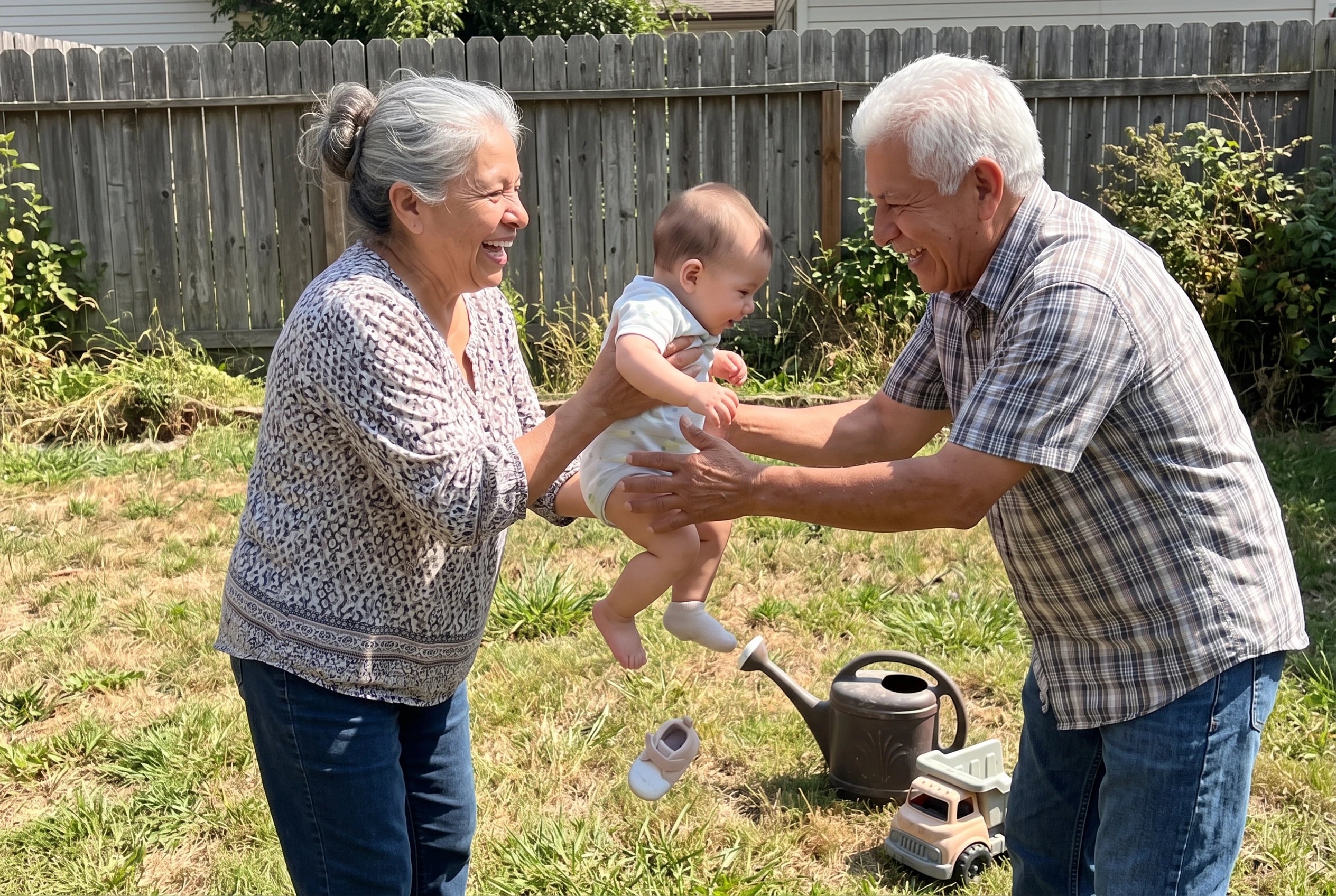 Grandmother handing a baby to the child’s grandfather in a backyard after an afternoon of care.