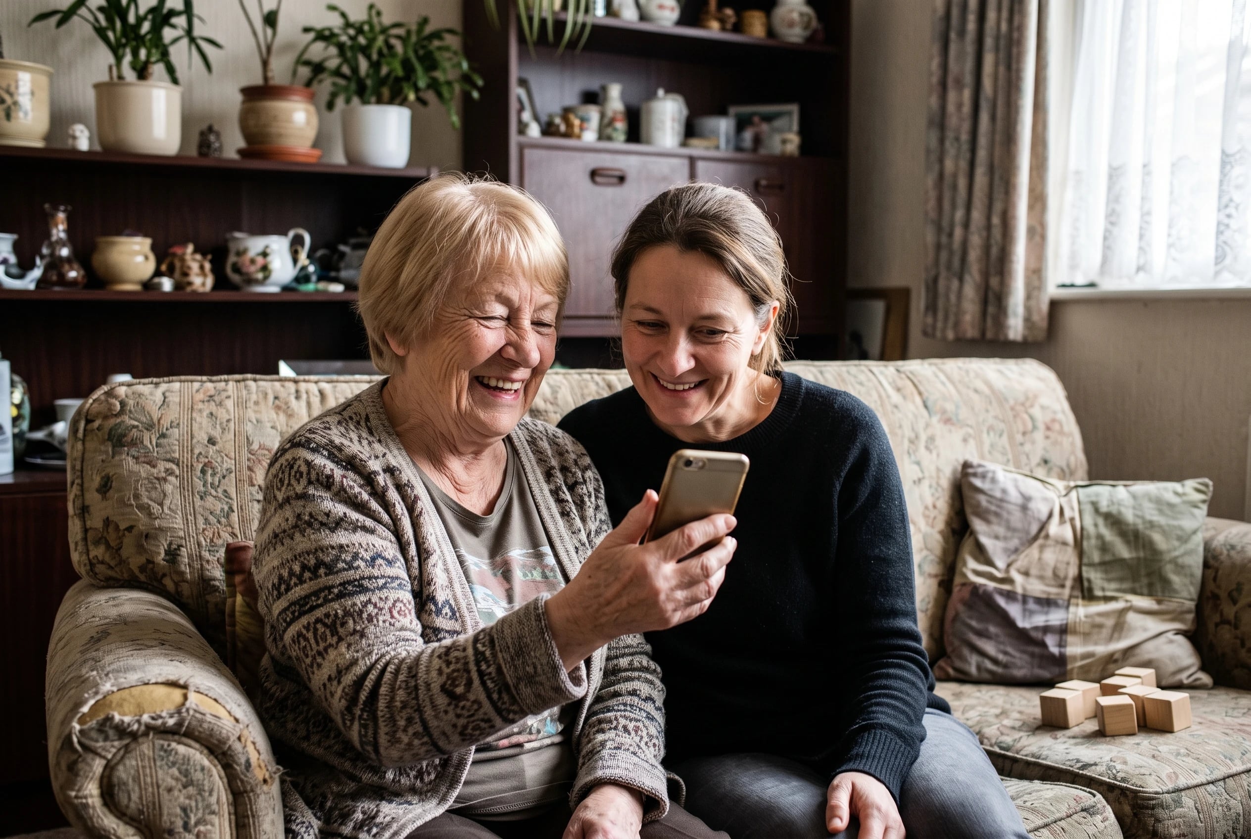 Grandmother holding her phone toward her daughter in a living room while the daughter checks a baby photo.