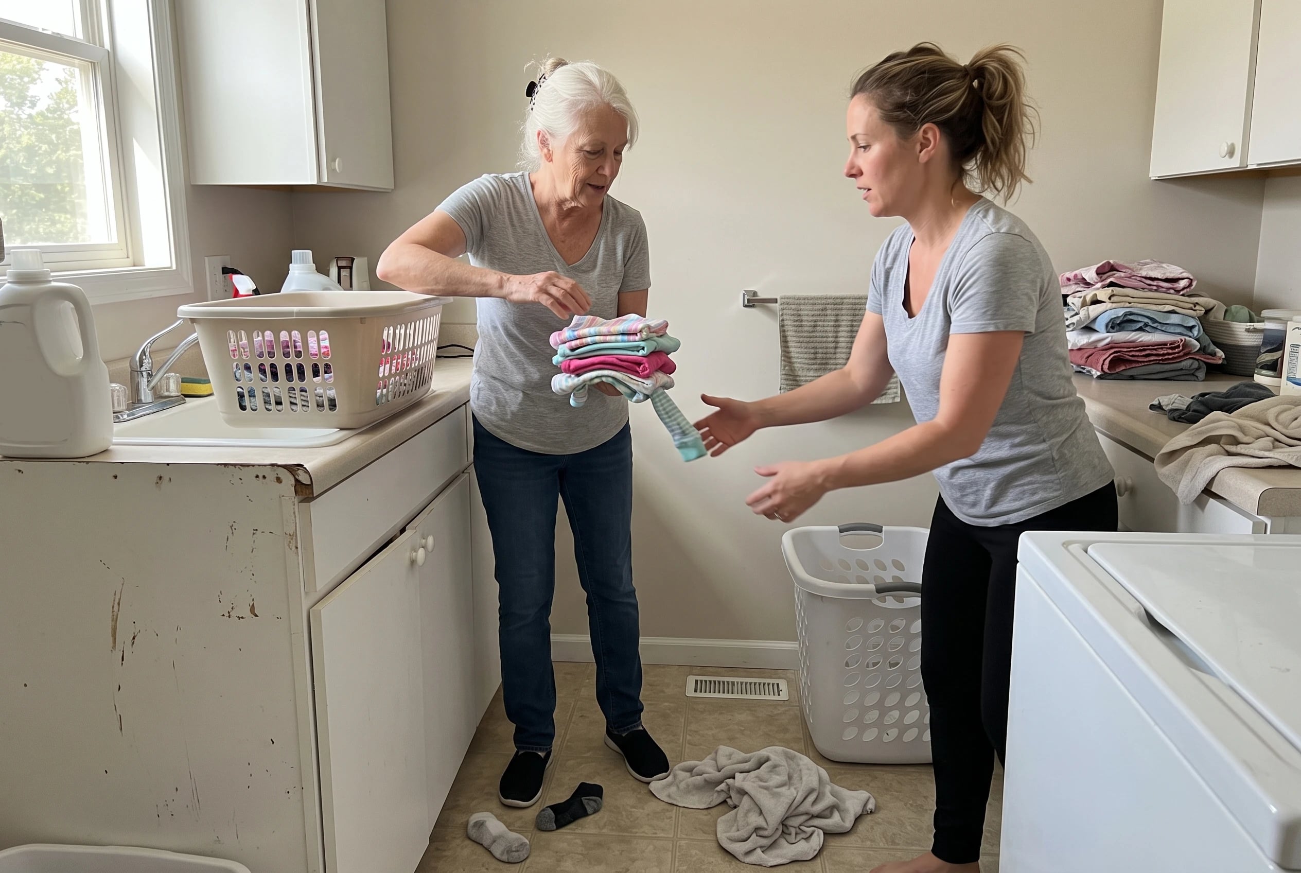 Grandmother loading folded baby clothes into a laundry basket in her daughter’s laundry room.