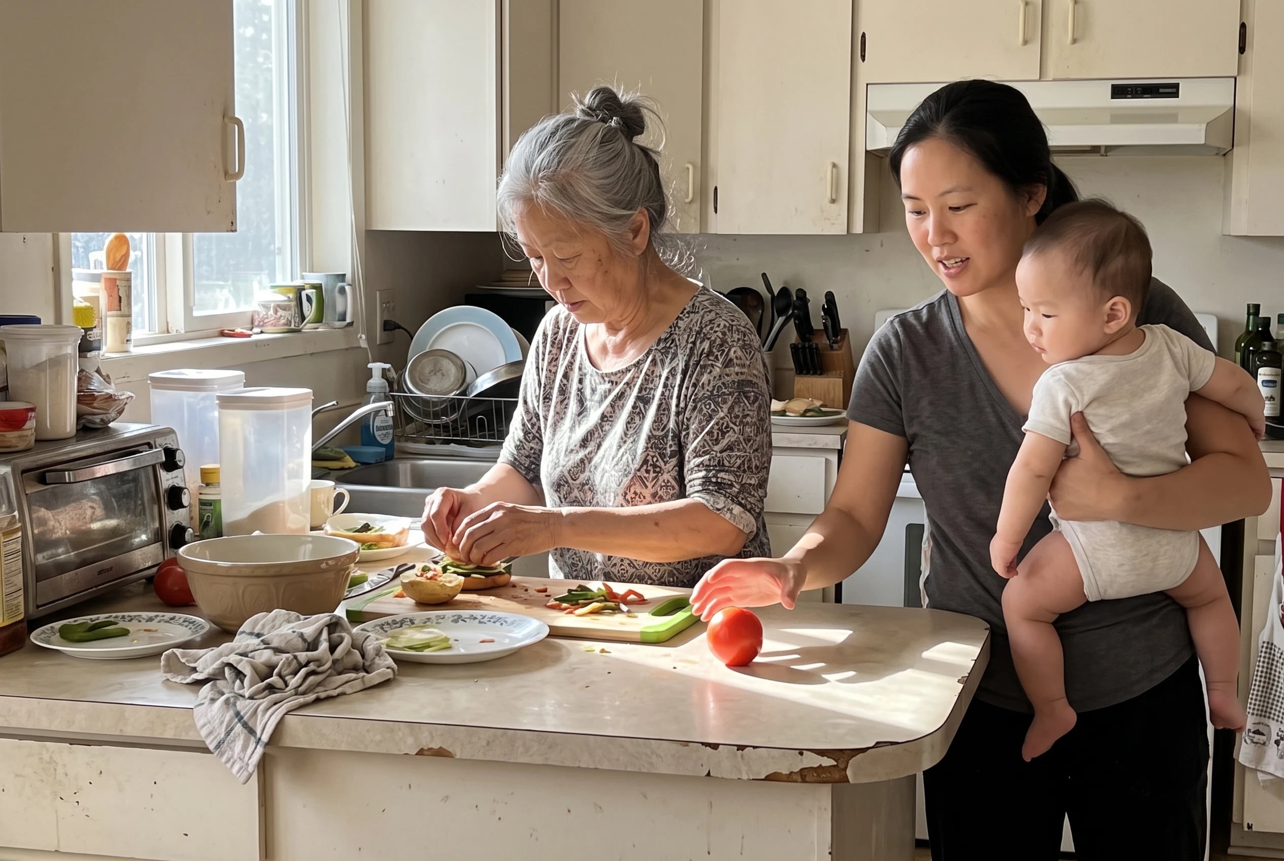 Grandmother making lunch at her daughter’s kitchen counter while the new parent holds the baby.