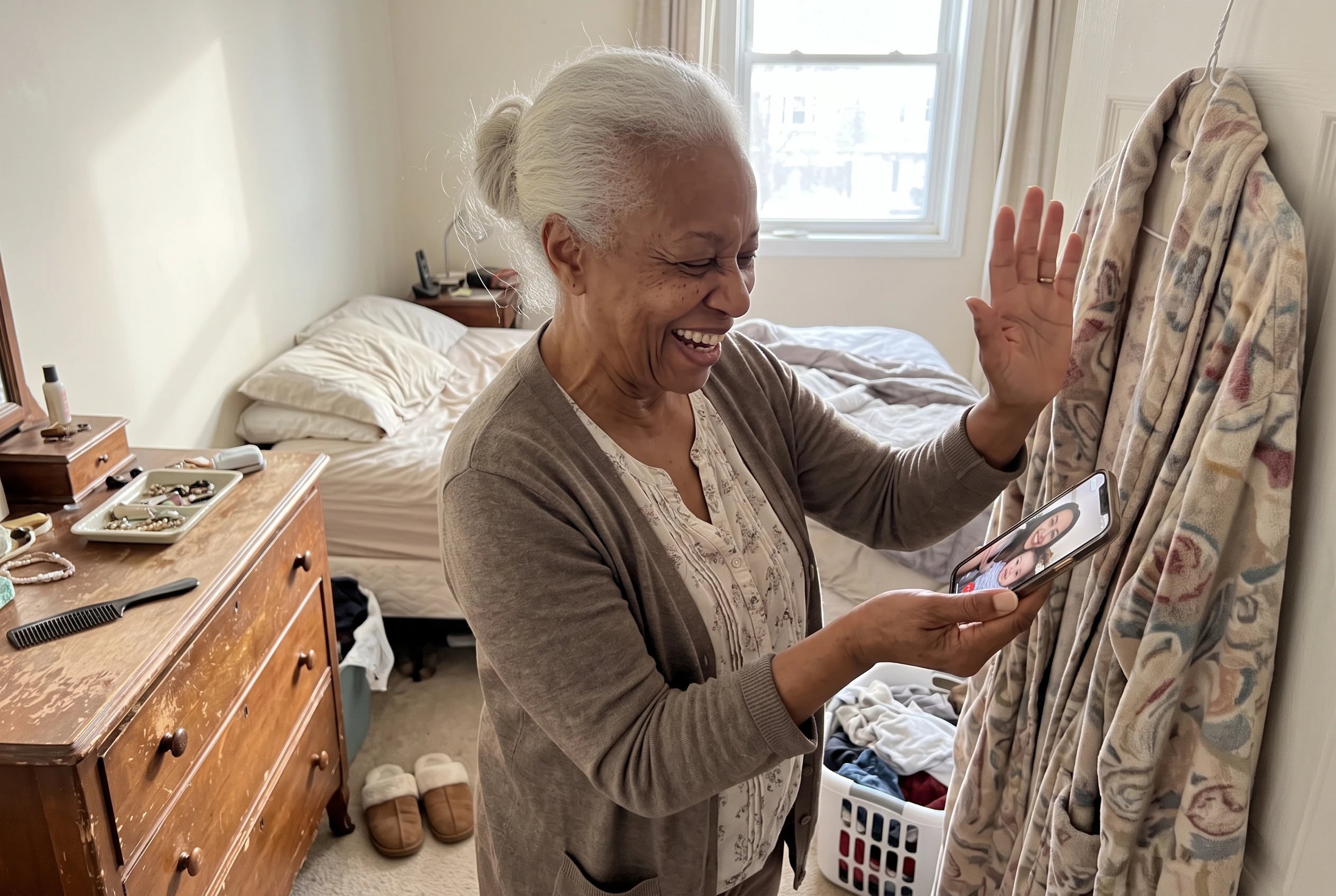 Grandmother waving to a baby on a video call from her bedroom.