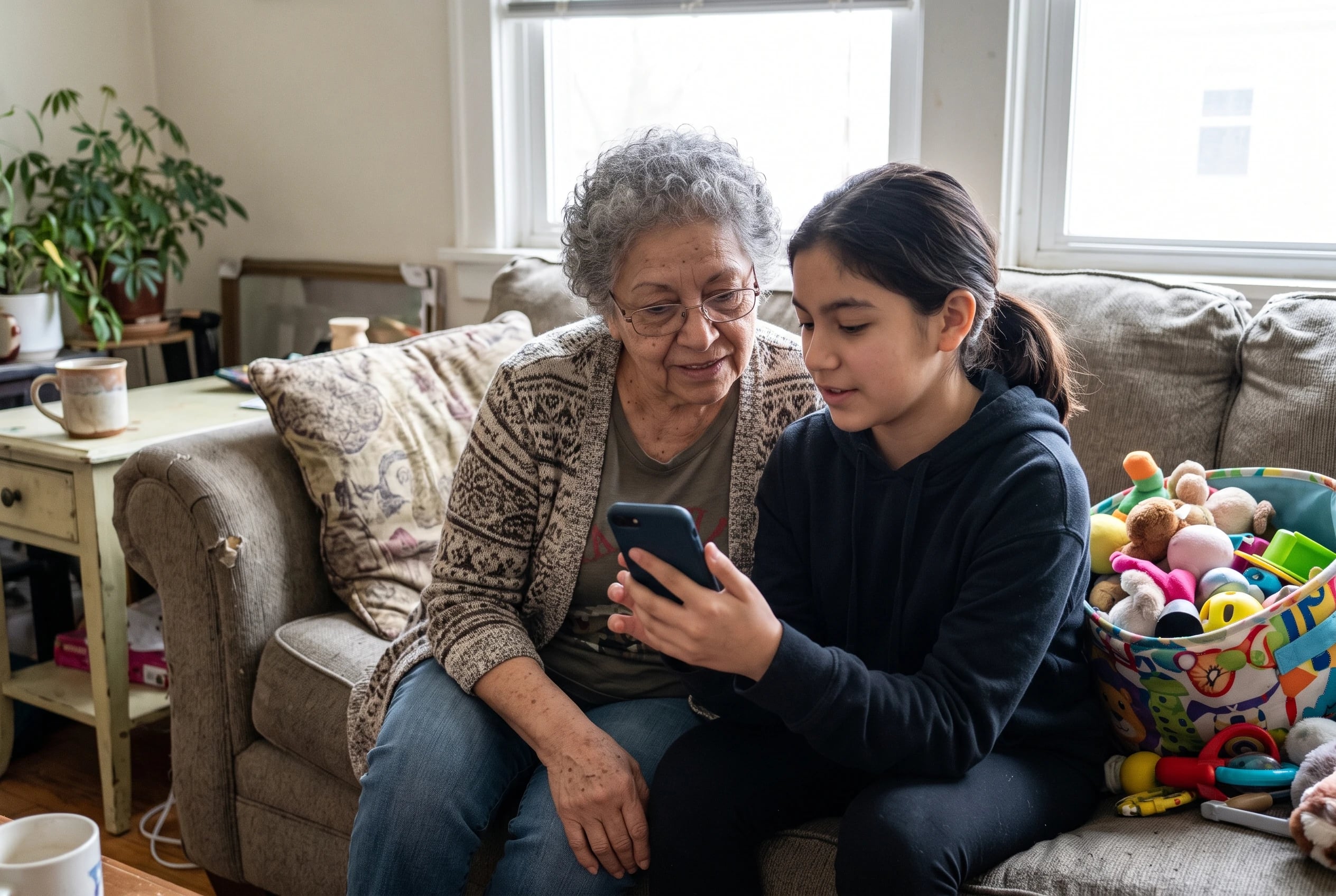 Grandmother asking her teenage grandchild about a phone photo on a living-room sofa.