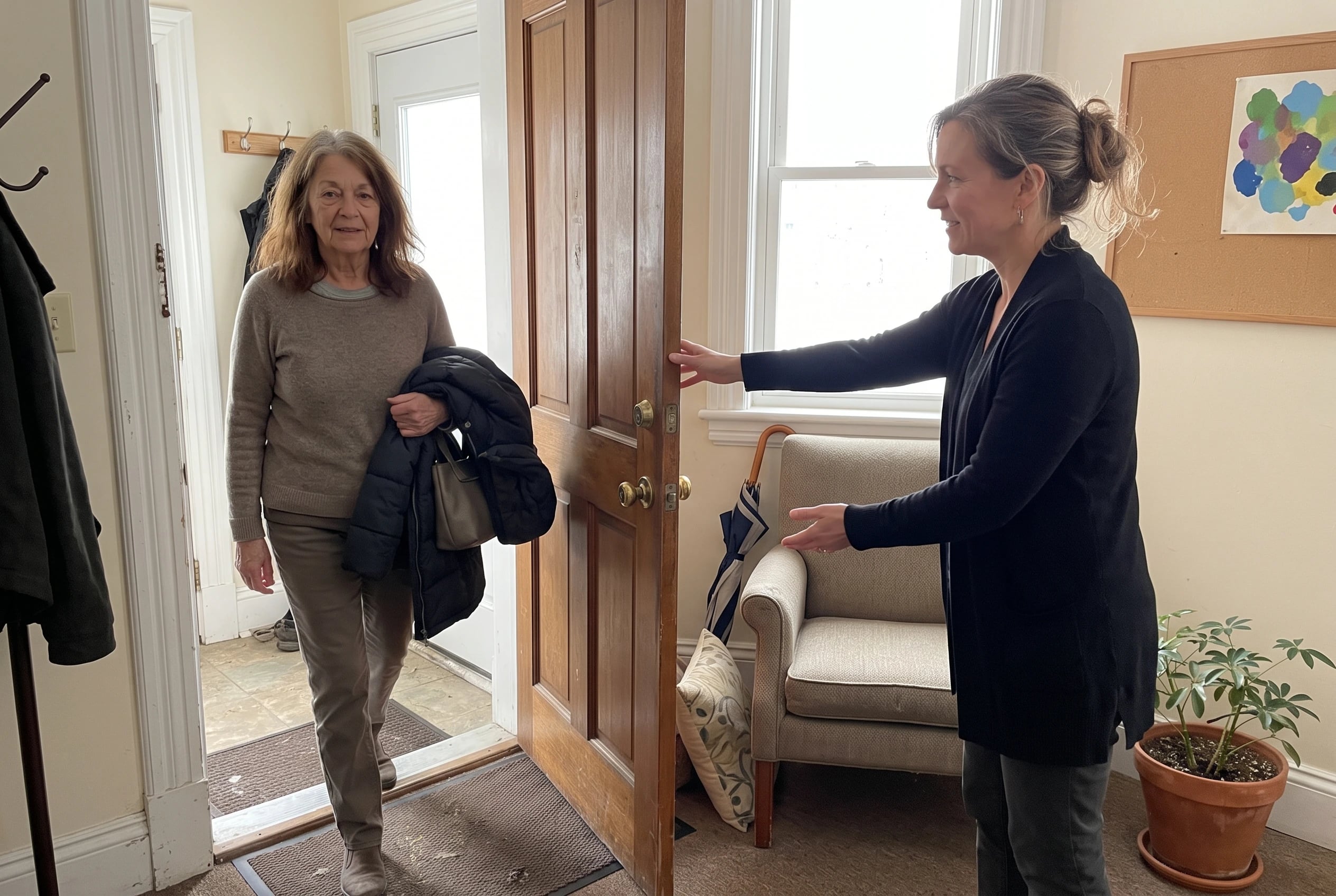 Grandmother entering a family mediator’s office while carrying her coat.