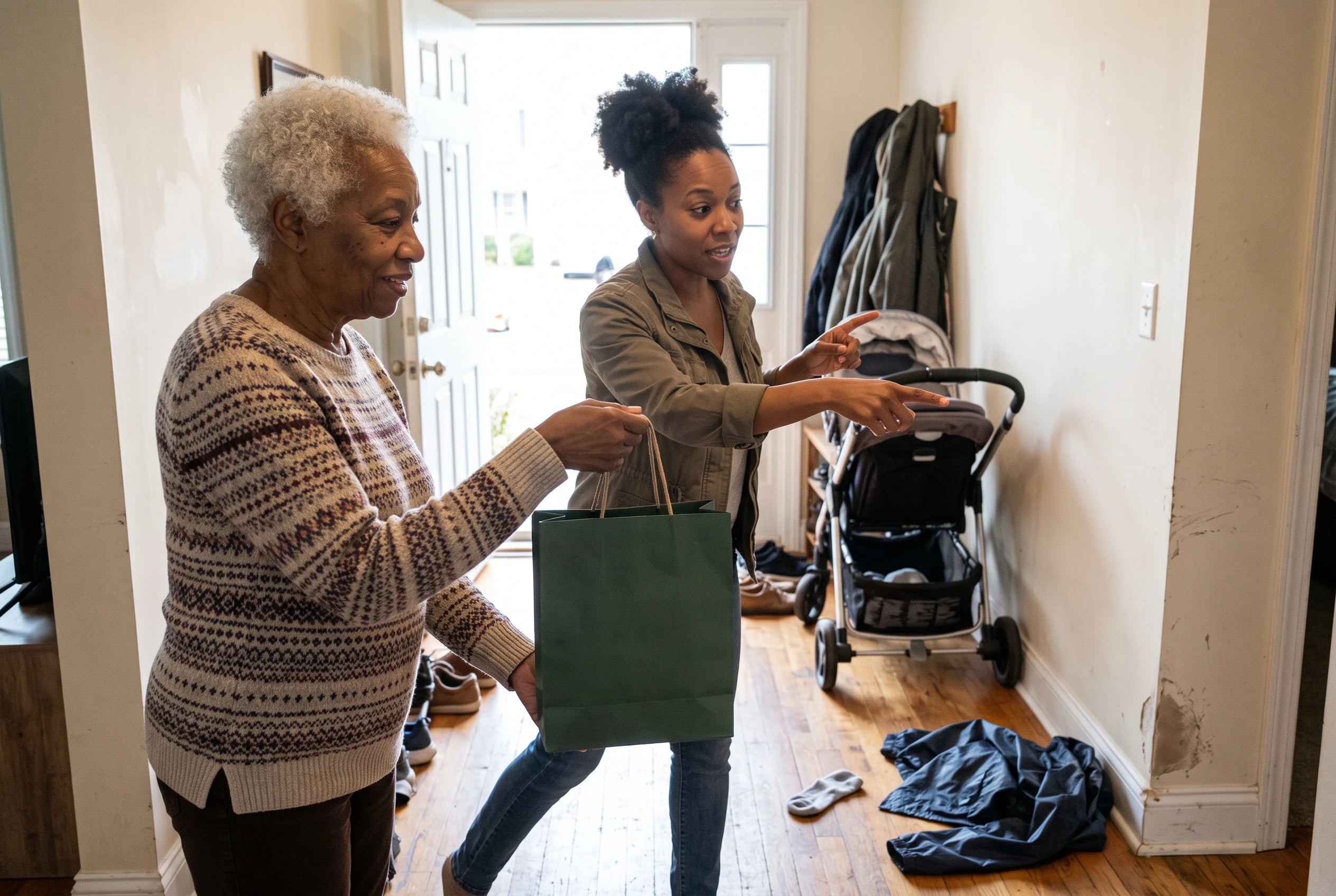 Grandmother discussing a gift with her adult child while they stand beside a stroller in a hallway.