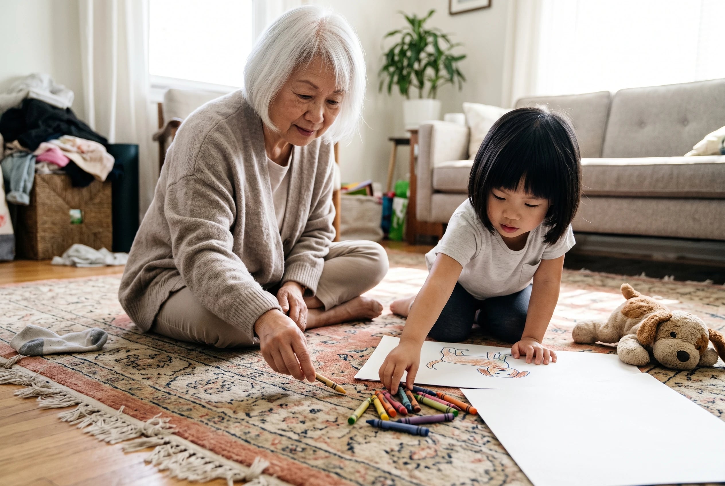 A woman sits beside a child drawing their dog on a living-room rug.