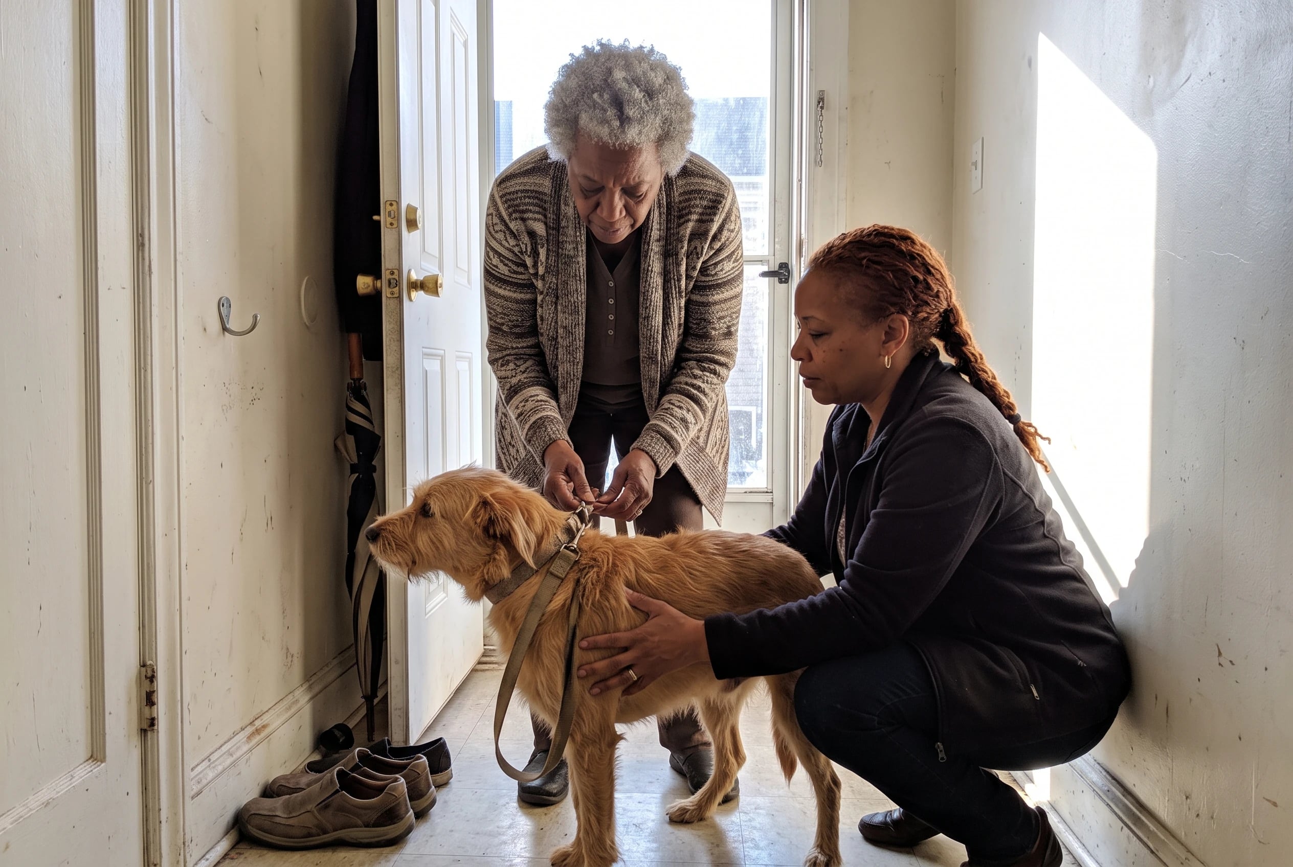 A woman clips a leash onto her surviving dog at the front door.