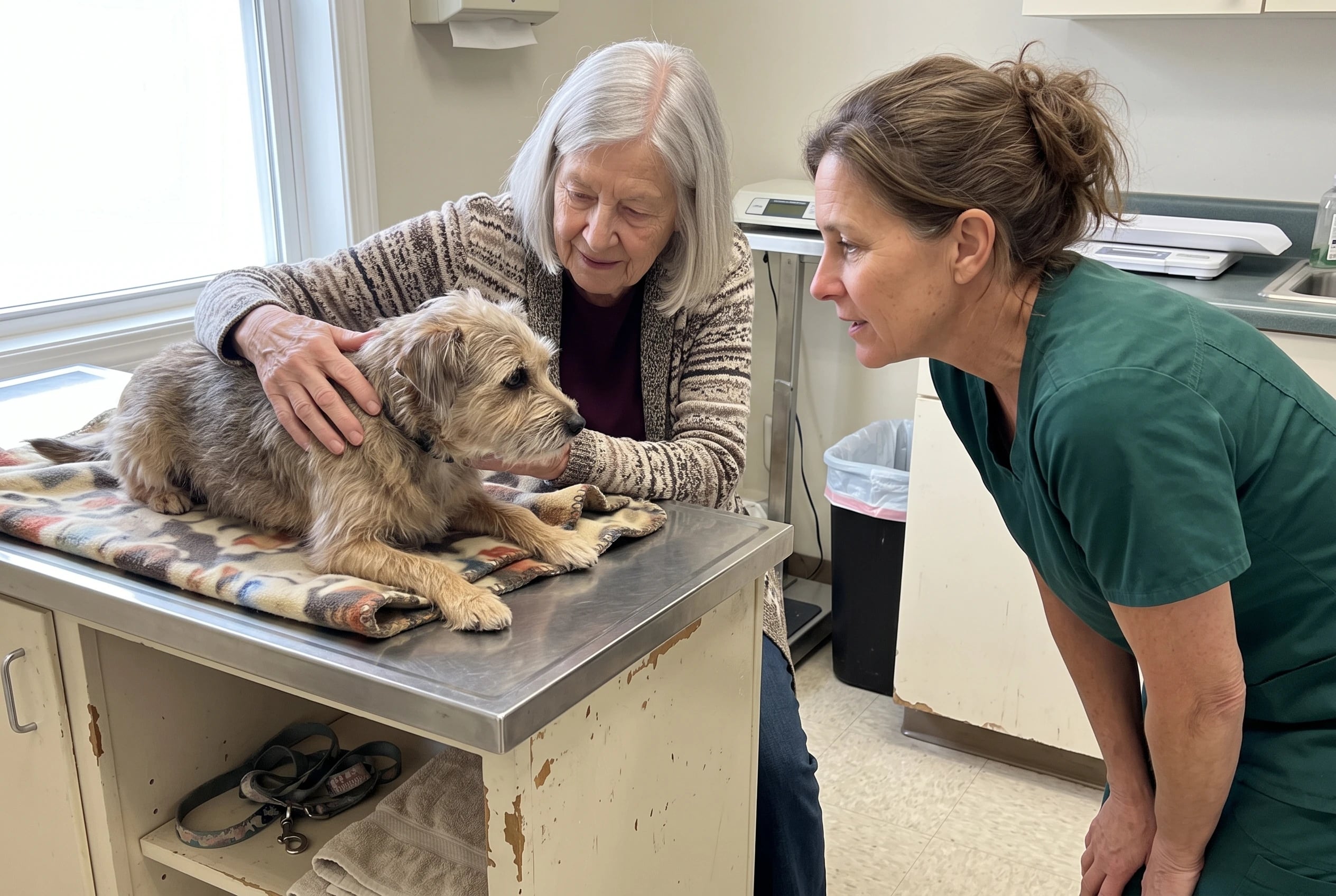 An older owner strokes her dog on a blanket in a veterinary exam room.