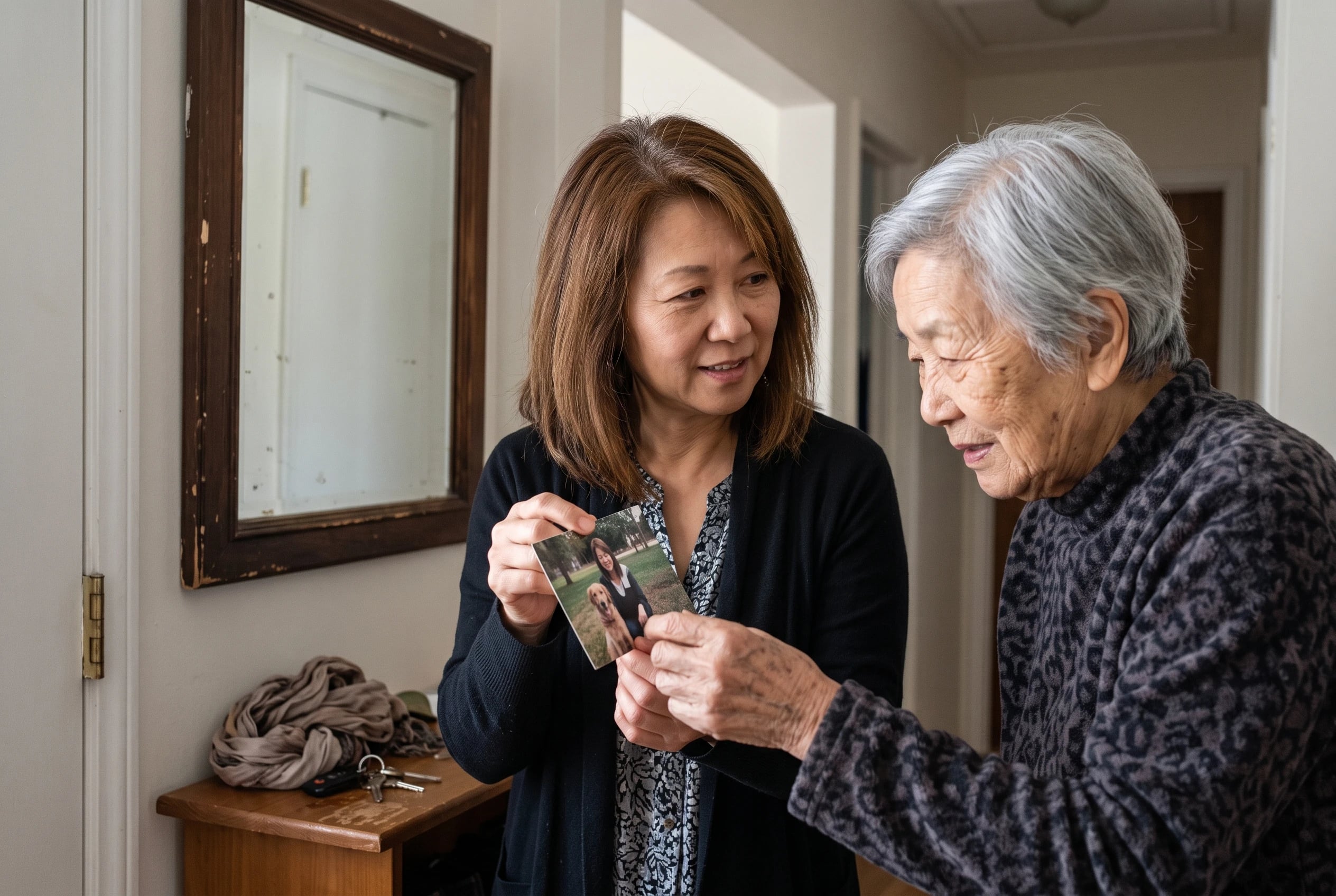 A woman holds a photo of herself and her dog beside a hallway mirror.