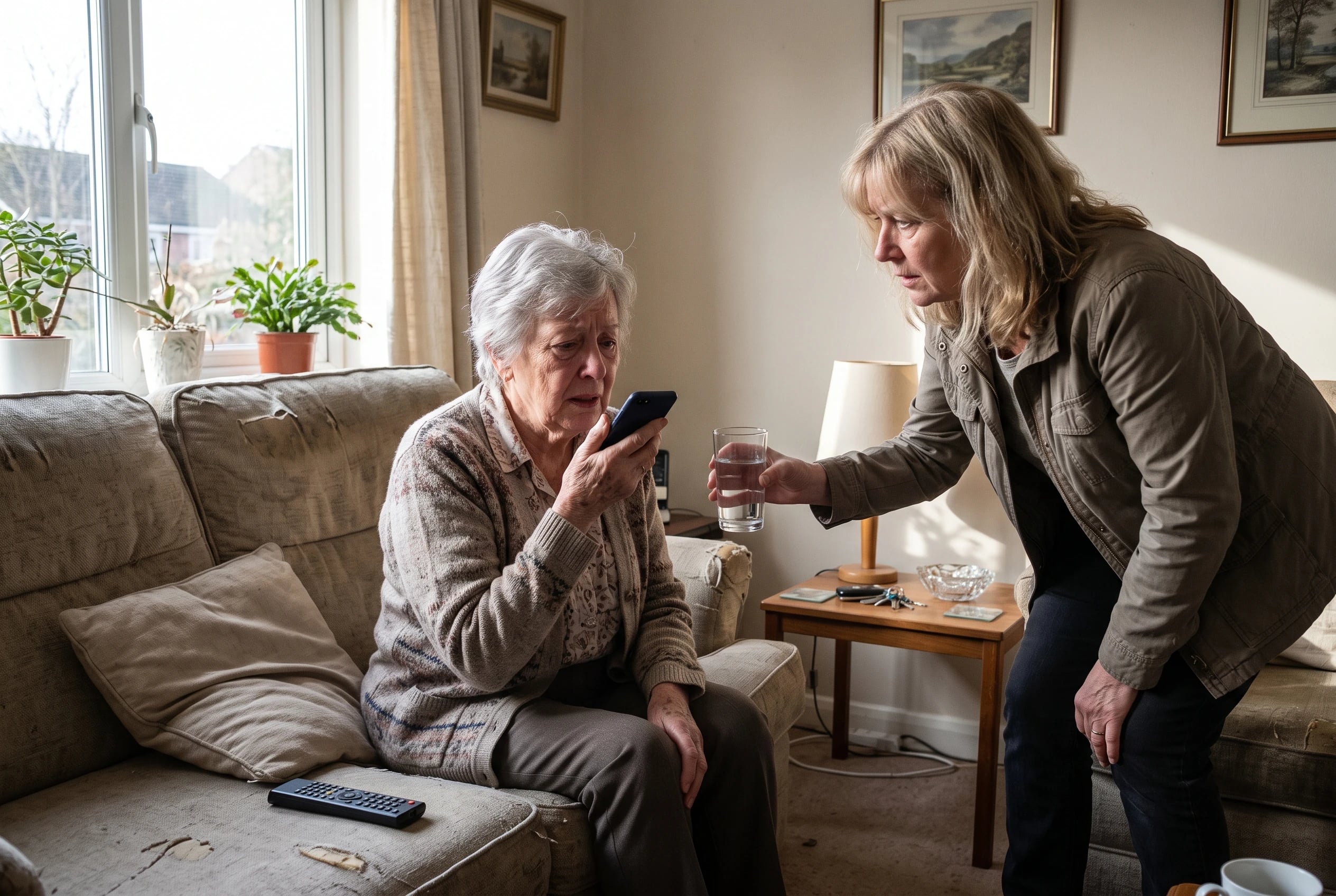 An older woman speaks on her phone while standing beside her living-room window.