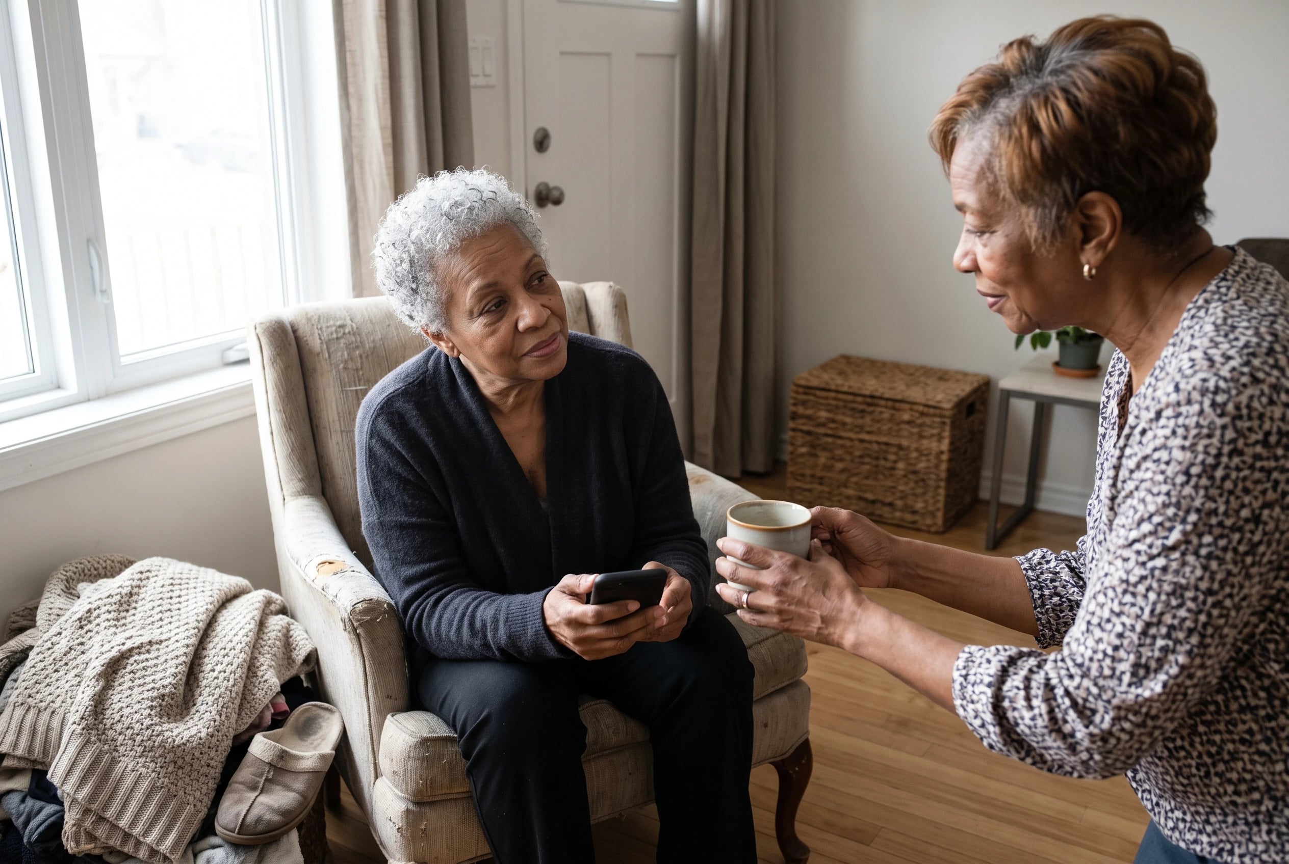 A woman types into a pet grief chat on her phone while sitting in an armchair.