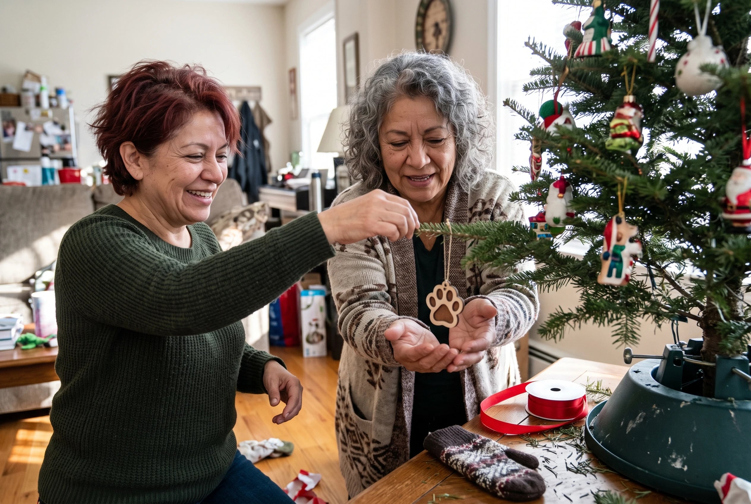 A woman hangs a paw-print ornament on a tree in her living room.