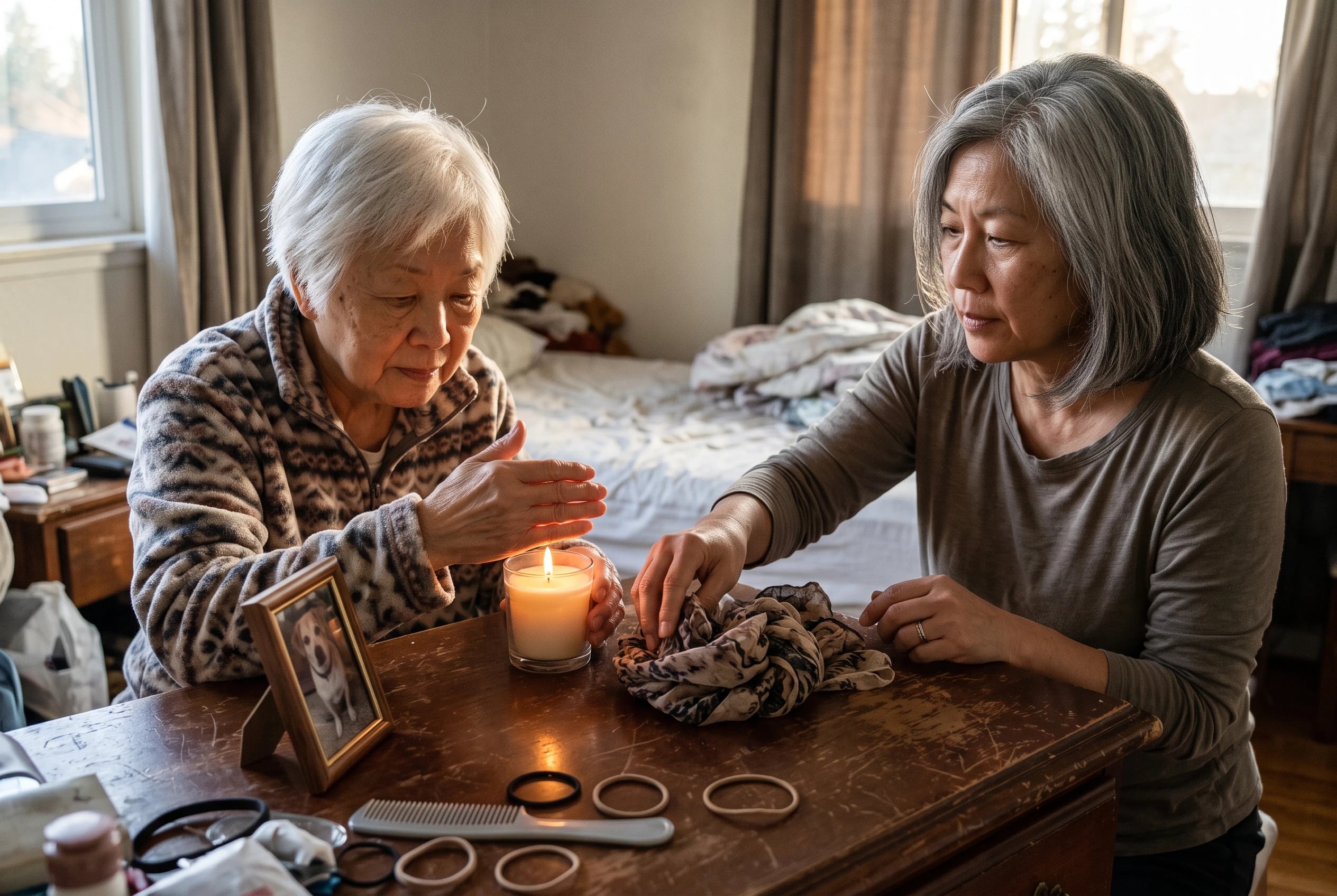 An older woman lights a candle beside her dog’s photo on a bedroom dresser.
