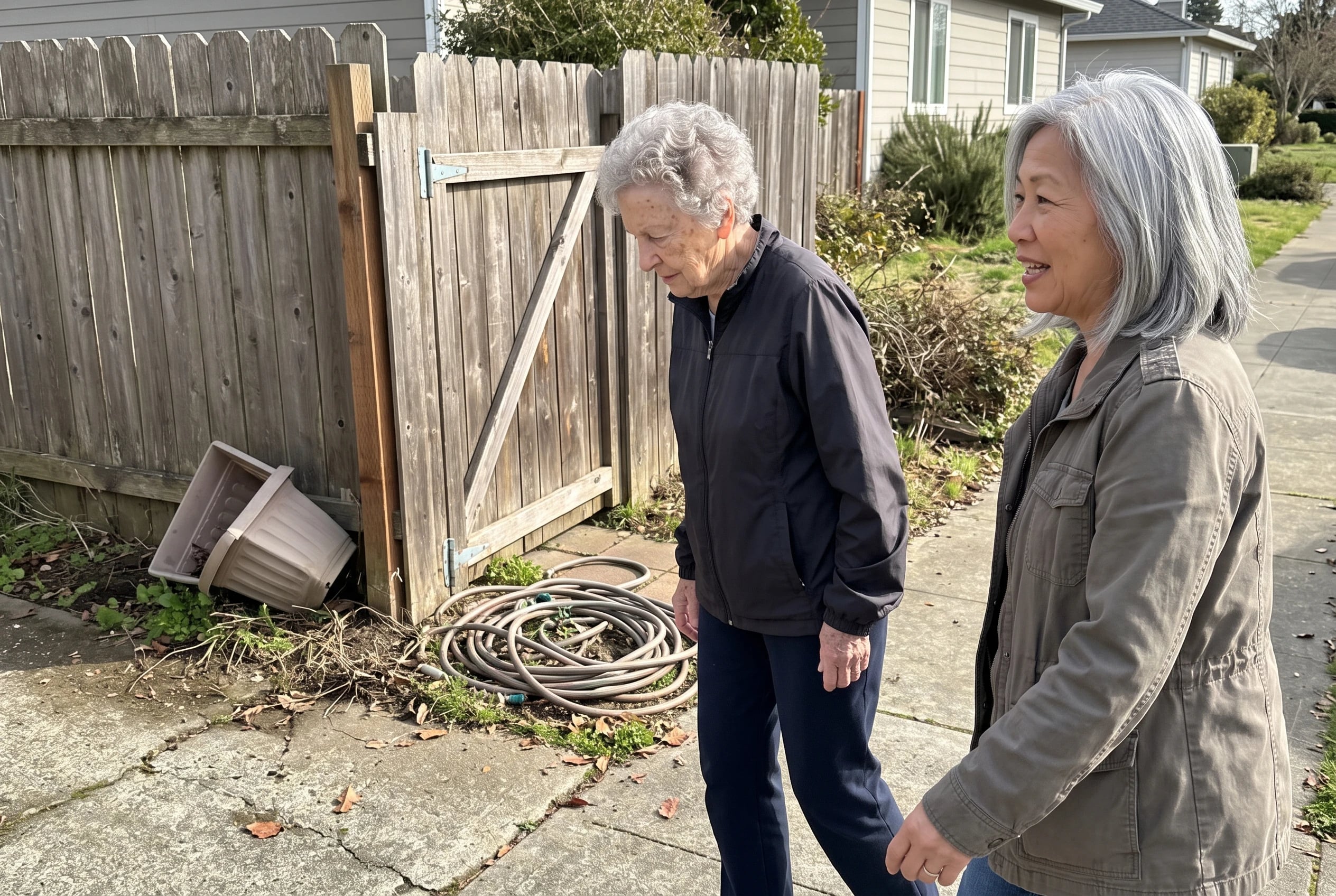 An older woman walks around her neighborhood block in daylight.