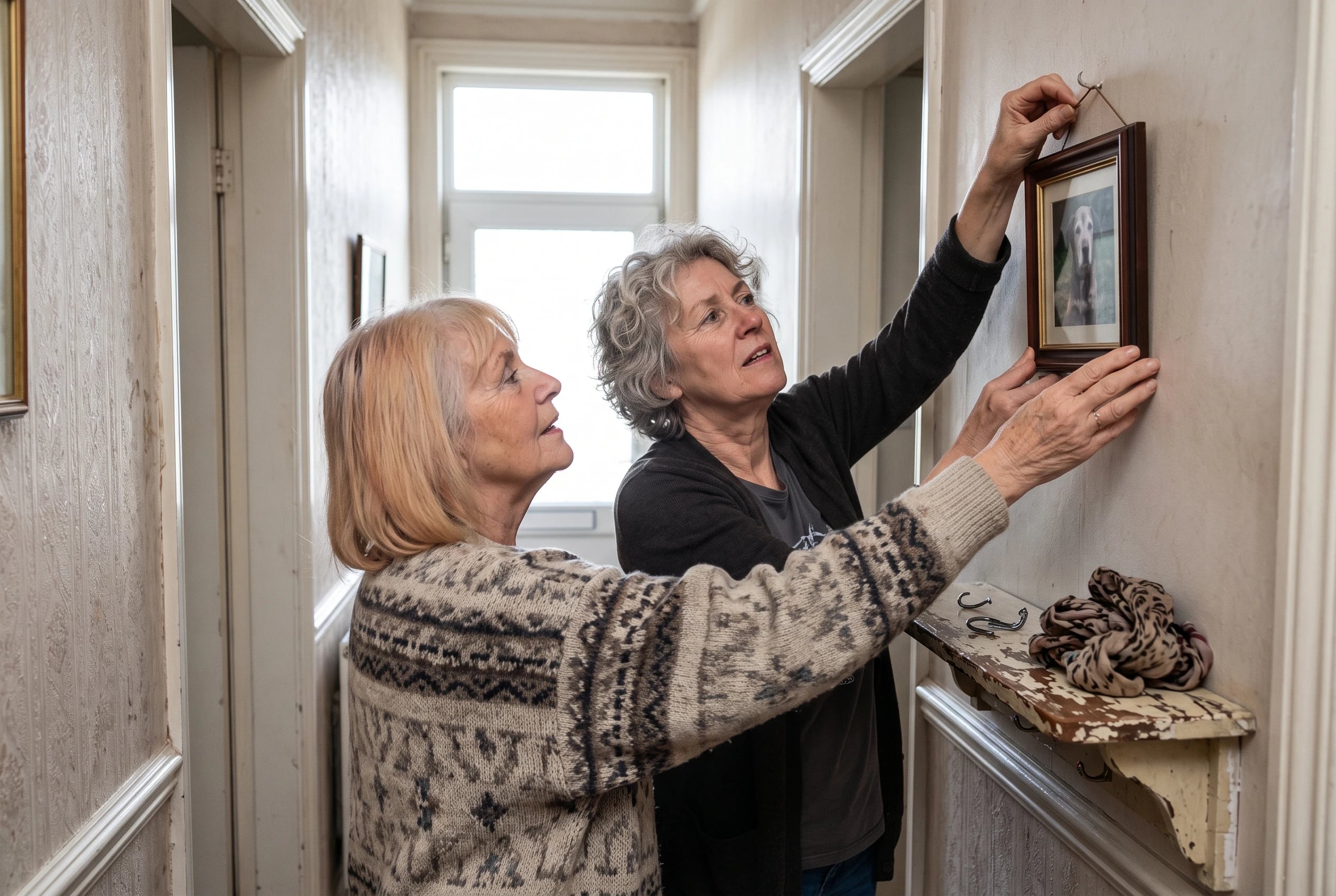 A woman hangs a photo of her dog on her hallway wall.
