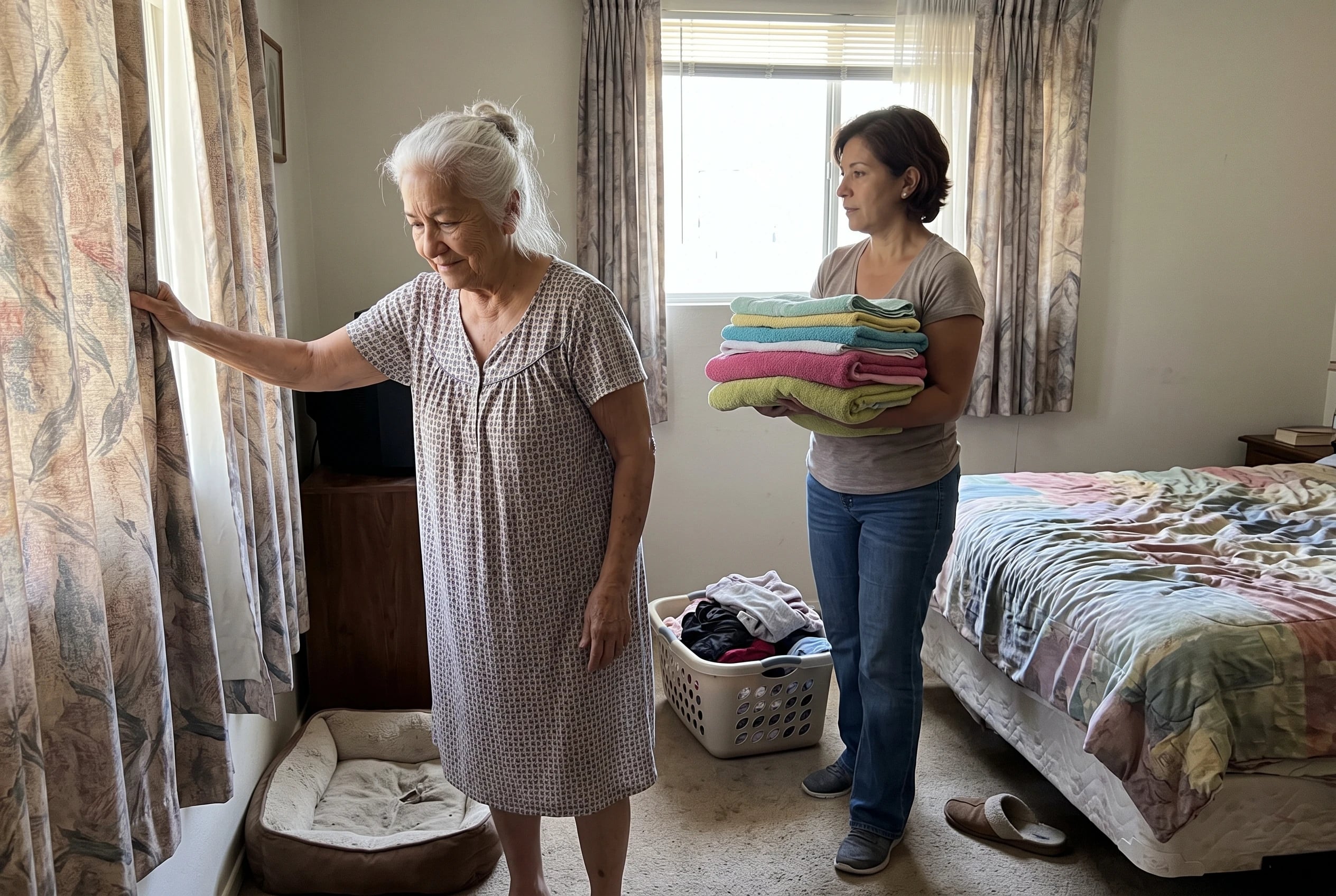 An older woman opens her bedroom curtains beside an empty dog bed.