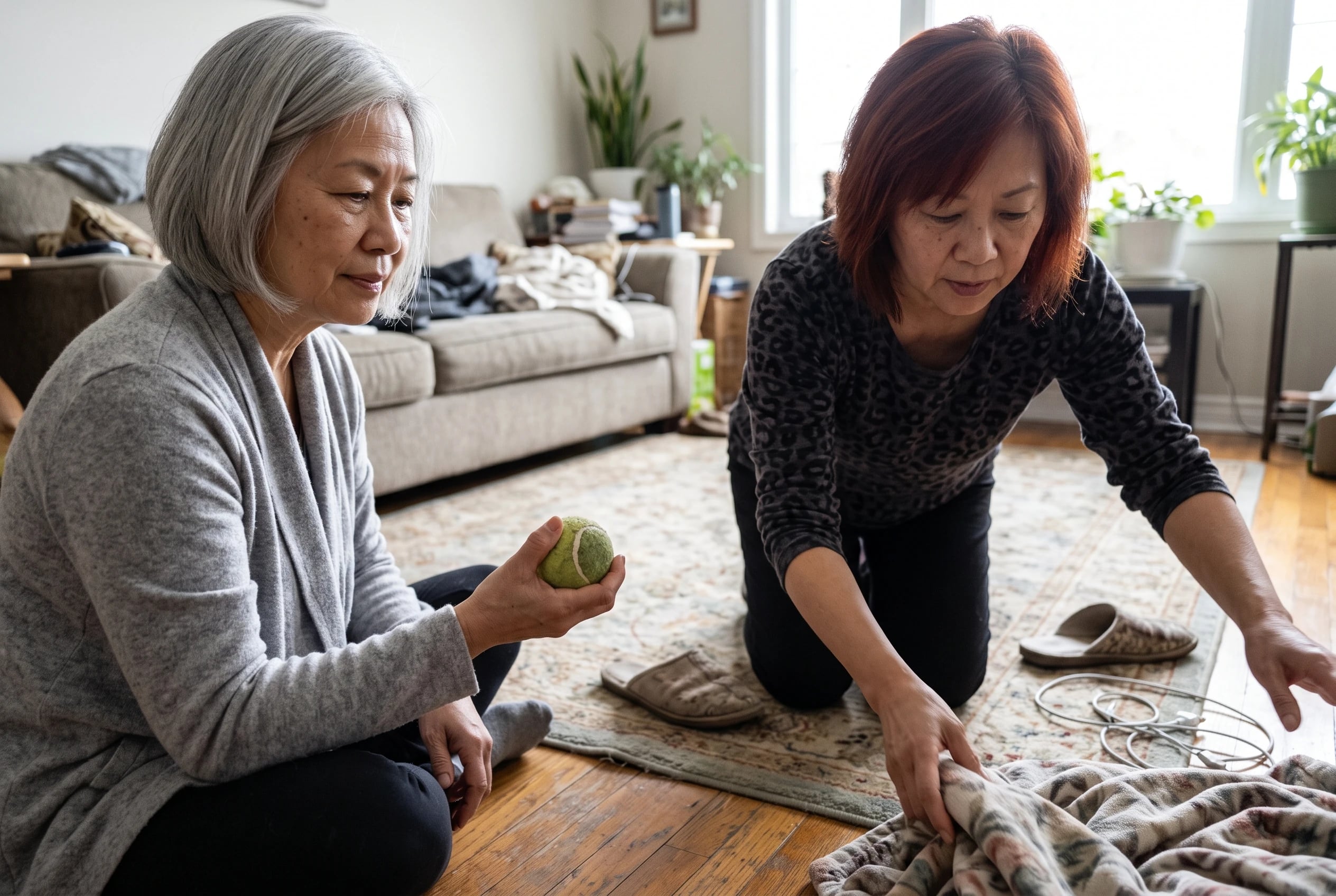A woman sits on her living-room floor holding her dog’s worn tennis ball.
