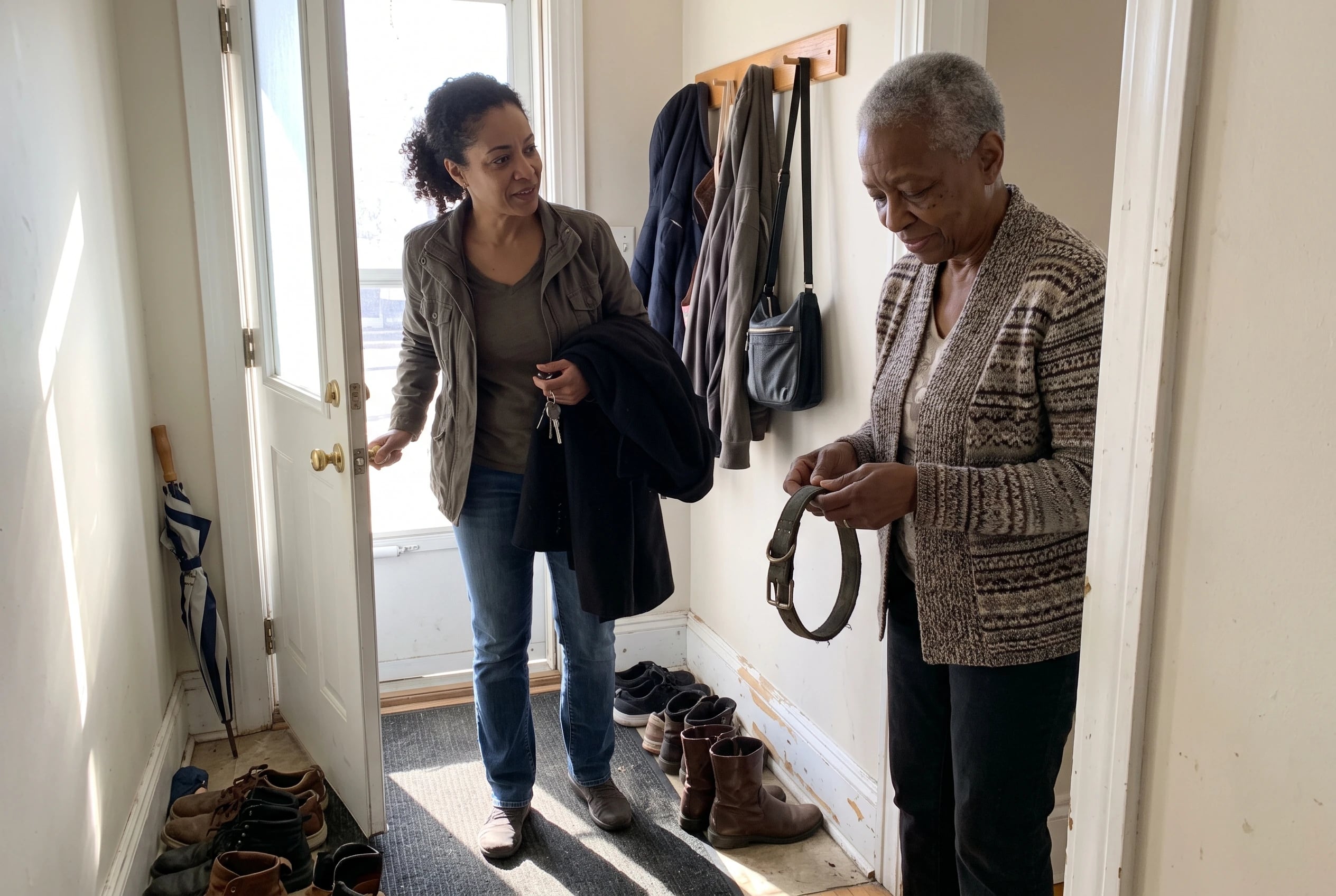 An older woman holds her late dog’s collar beside the front door of her home.
